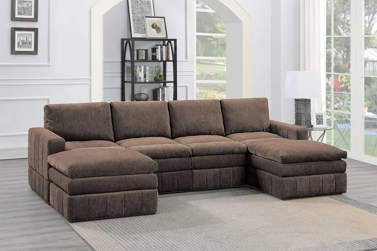 Contemporary 6pc Set Modular Sectional Set 2x One Arm Chair / Wedge 2x Armless Chairs 2x Ottomans Mink Morgan Fabric Plush Living Room Furniture image 1