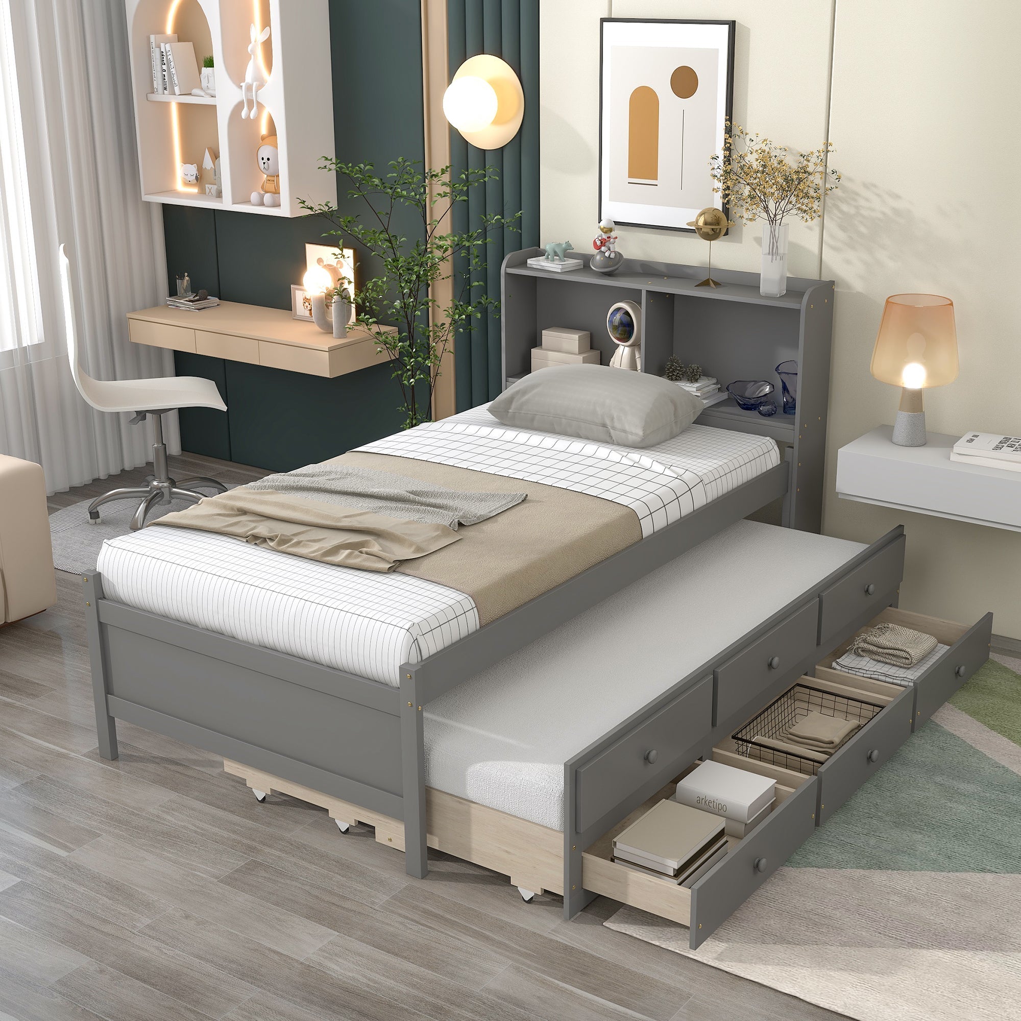 Twin Bed with Twin Trundle,Drawers,Grey image 1