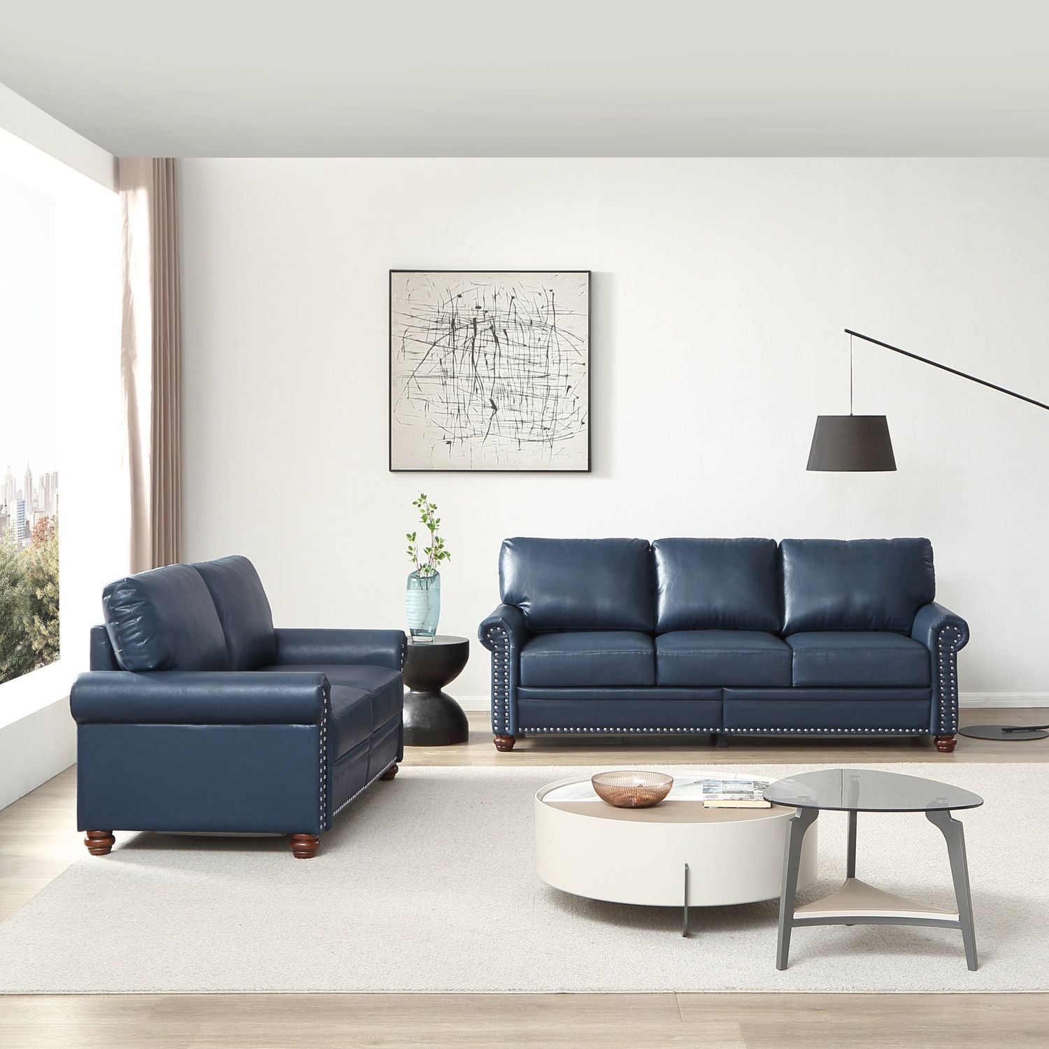 Living Room Sofa with Storage Sofa 2+3 Sectional Navy Blue Faux Leather image 1