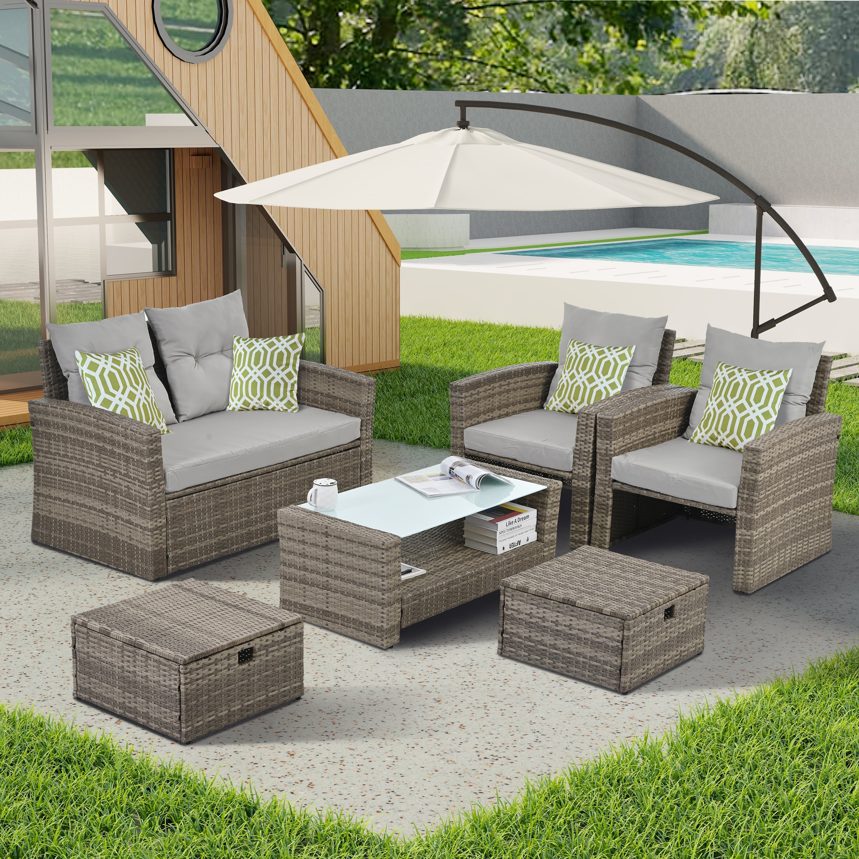 Patio Furniture, Outdoor Furniture, Seasonal PE Wicker Furniture, 6 Set Wicker Furniture With Tempered Glass Coffee Table image 1