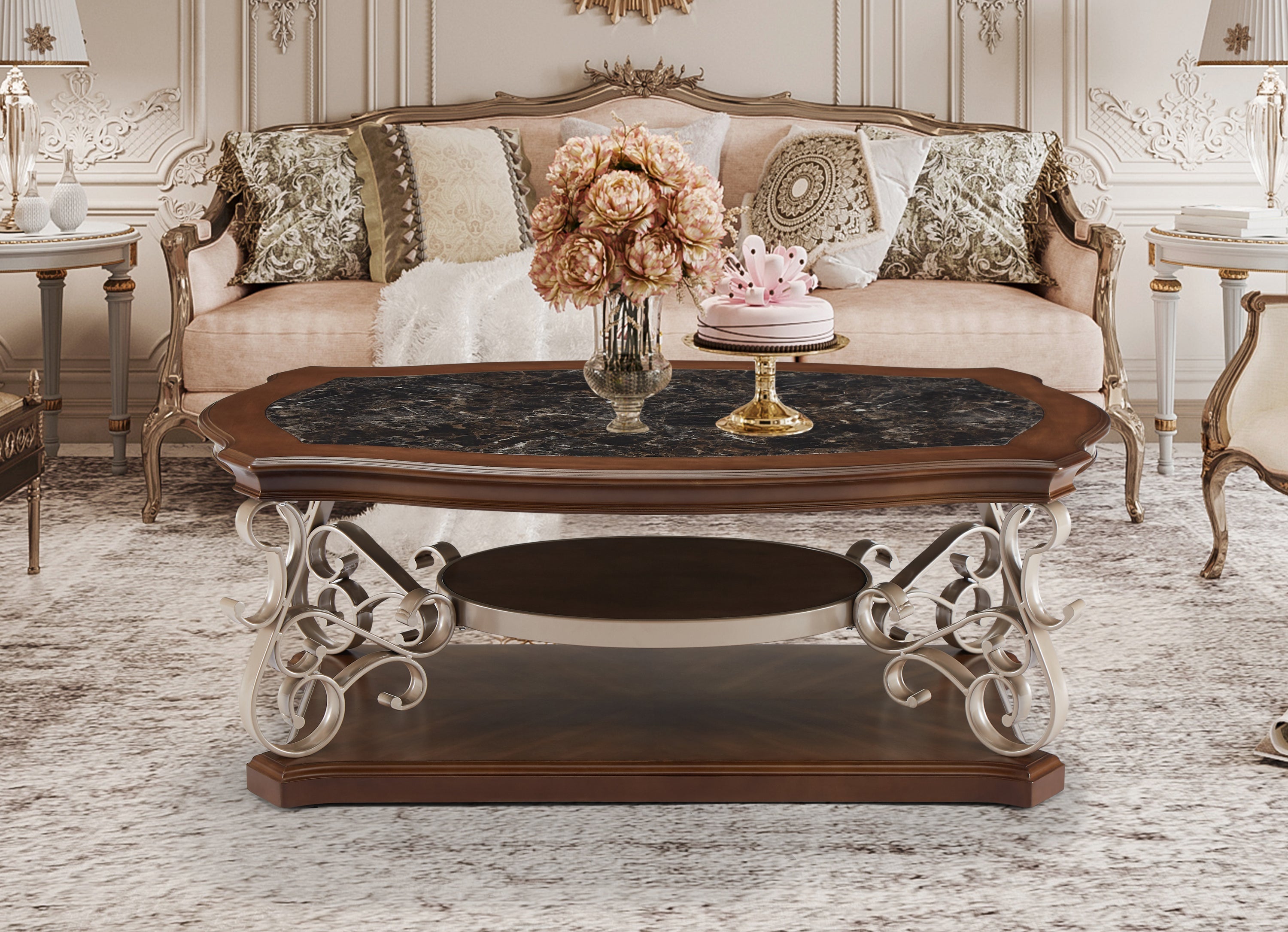 Cocktail Table, marble paper top, MDF with birch veneer middle shelf and bottom, powder coat finish metal legs. (52