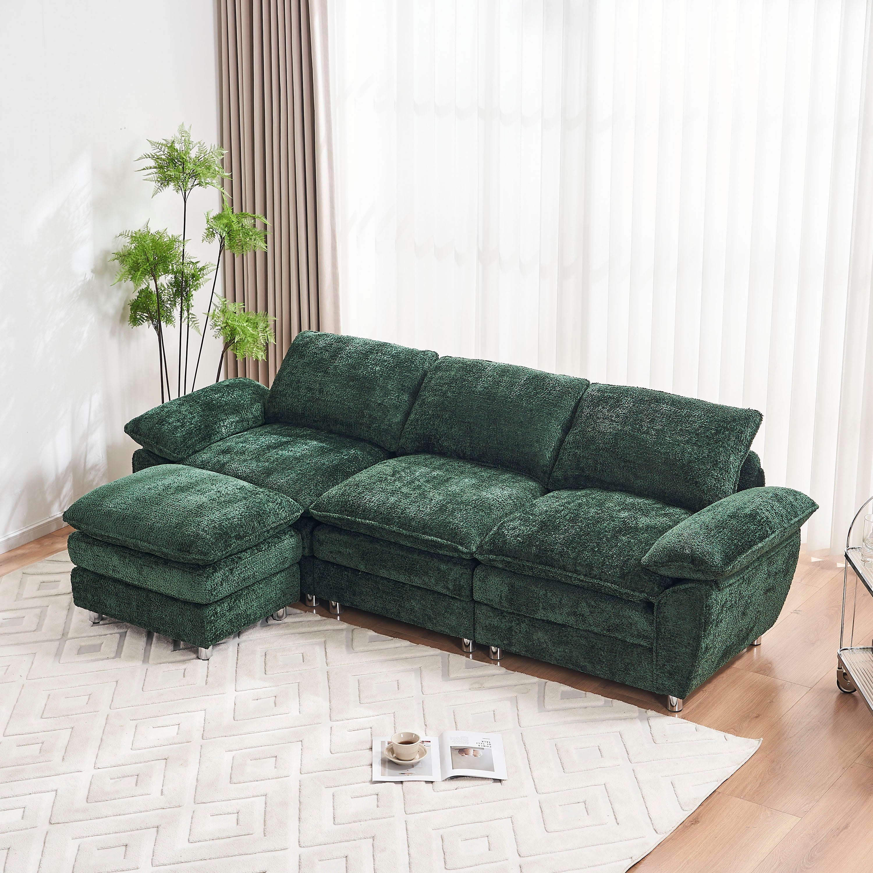 Modern Deep 3-Seat Sofa Couch with Ottoman, Polyester Sofa Sleeper Comfy Upholstered Furniture for Living Room, Apartment, Studio, Office, Green image 1
