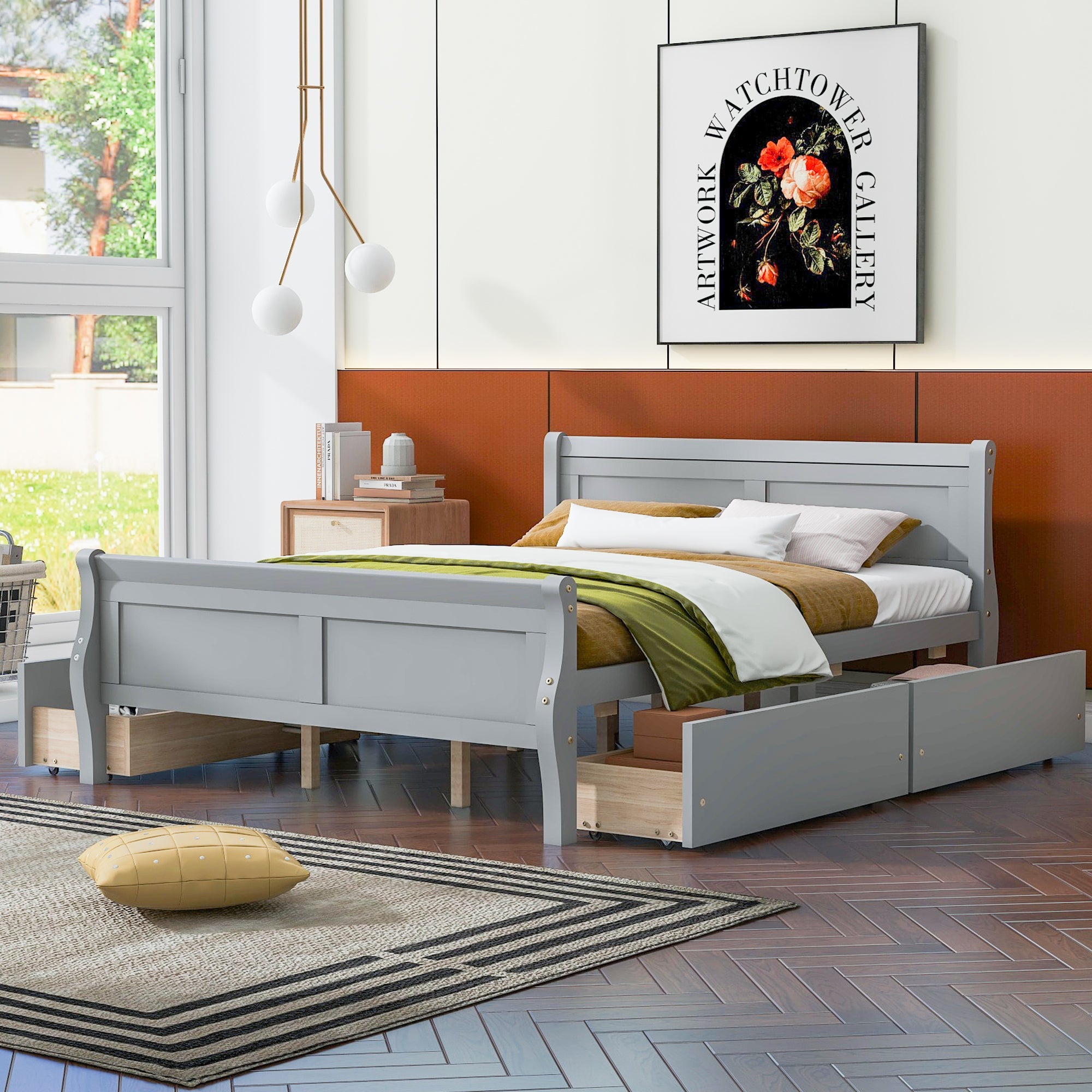 Queen Size Wood Platform Bed with 4 Drawers and Streamlined Headboard & Footboard, Gray image 1