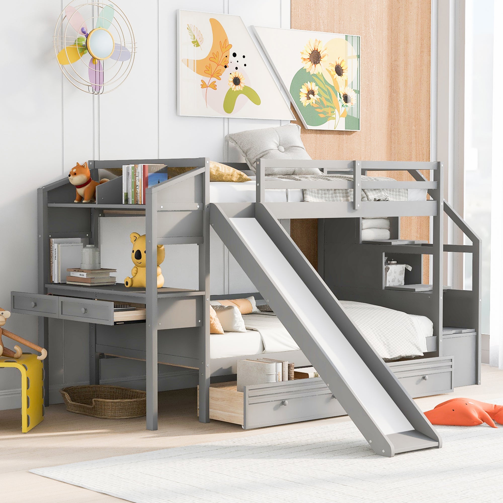 Twin over Twin Bunk Bed with Storage Staircase, Slide and Drawers, Desk with Drawers and Shelves, Gray image 1