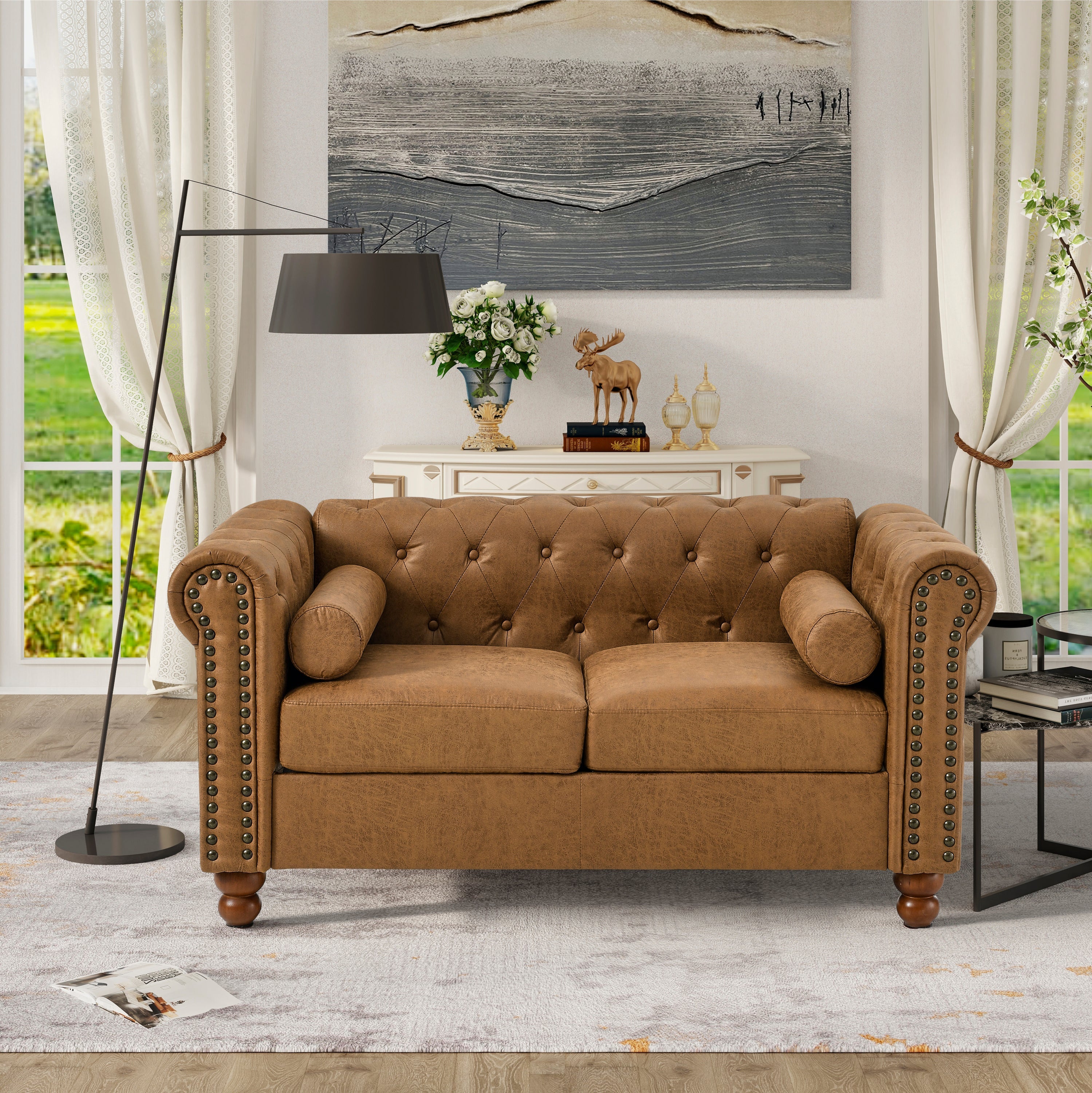 Classic Traditional Living Room Upholstered Sofa with high-tech Fabric Surface/ Chesterfield Tufted Fabric Sofa Couch, Large-Brown image 1