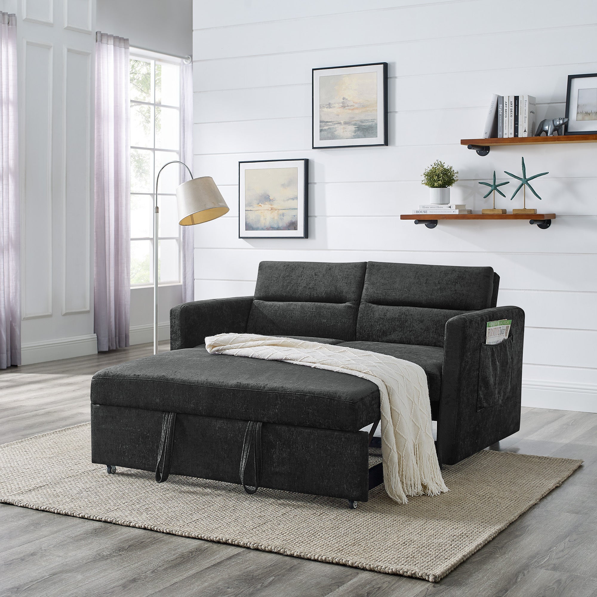 Loveseats Sofa Bed with Pull-out Bed,Adjustable Back and Two Arm Pocket,Black (54.5