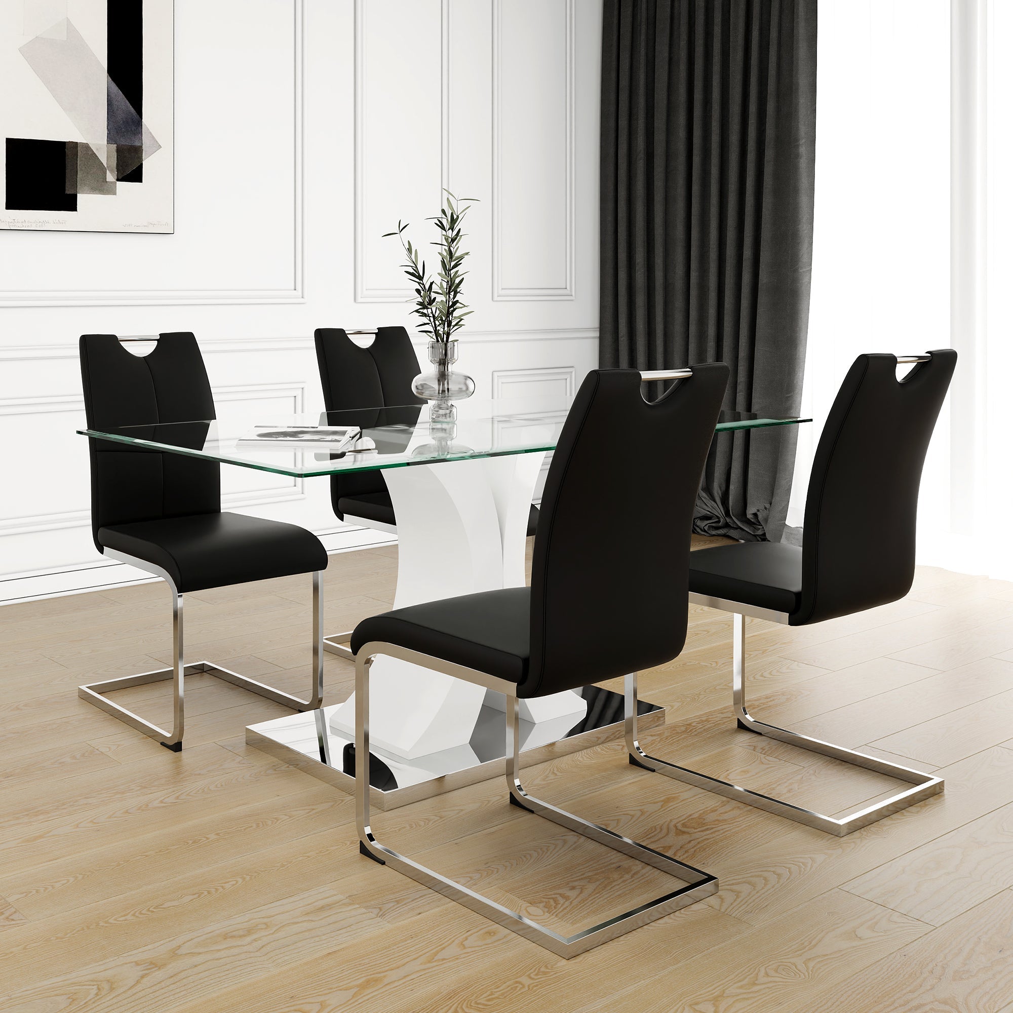 Modern style glass table, elegant transparent design, durable support base, Black dining chair set, electroplated chair legs, suitable for restaurant kitchens(set of 5) image 1