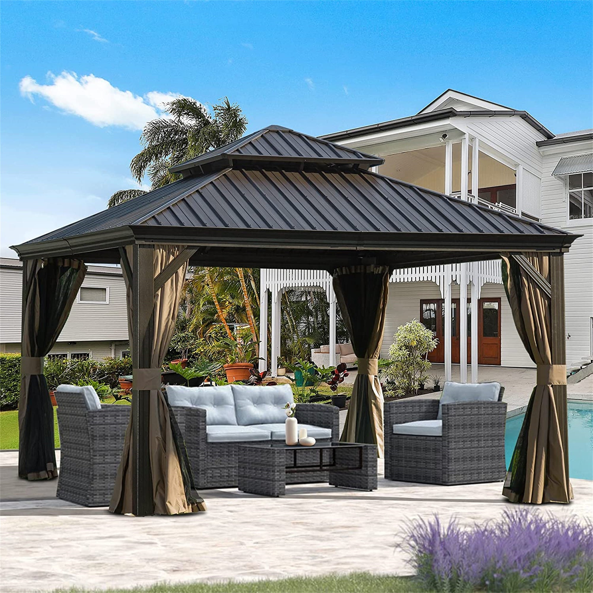 12'x12' Hardtop Gazebo, Outdoor Aluminum Frame Canopy with Galvanized Steel Double Roof, Outdoor Permanent Metal Pavilion with Curtains and Netting for Patio, Backyard and Lawn(Brown) image 1