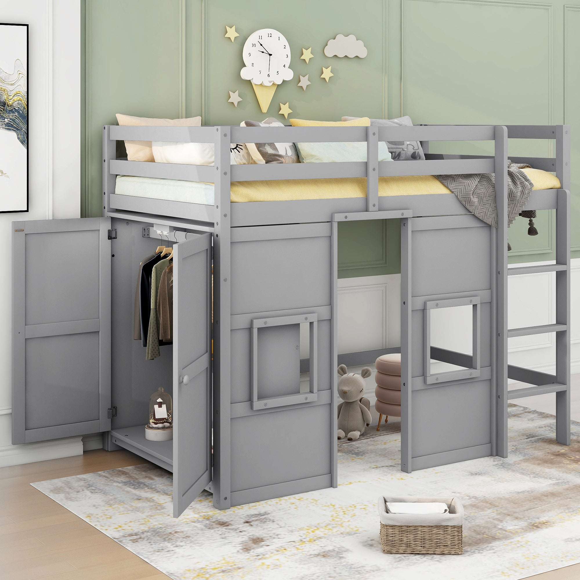 Wood Twin Size Loft Bed with Built-in Storage Wardrobe and 2 Windows, Gray image 1