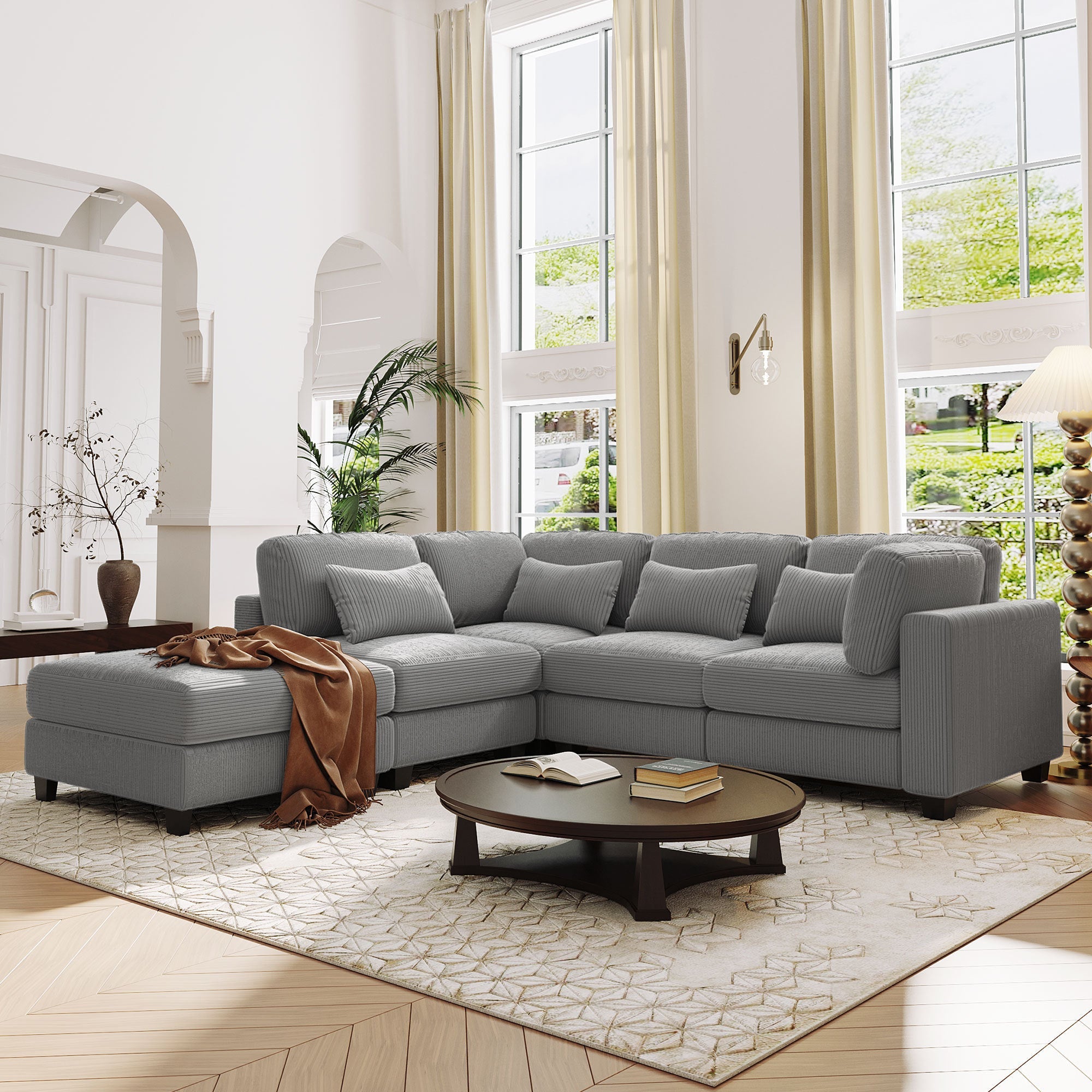 5 Pieces L shaped Sofa with Removable Ottomans and comfortable waist pillows image 1