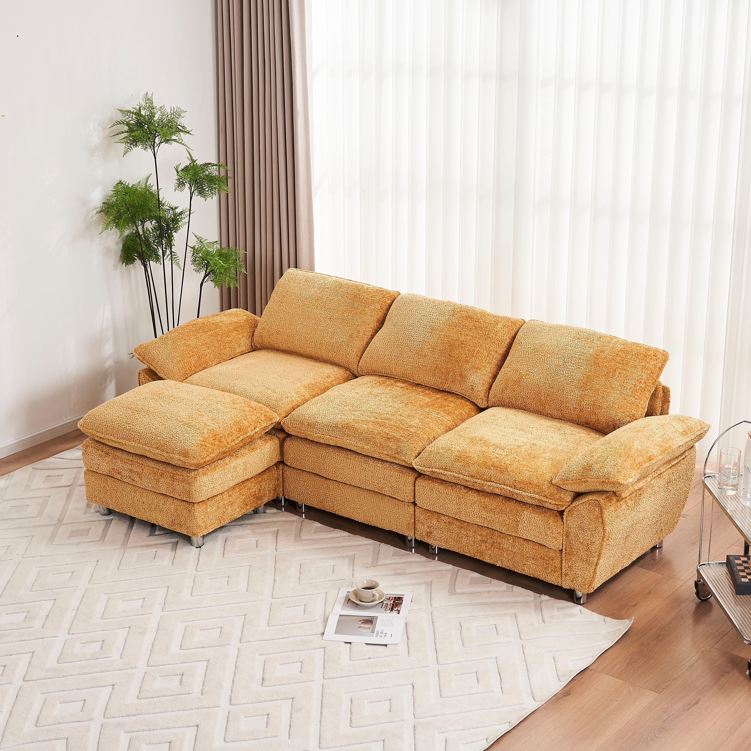 Modern Deep 3-Seat Sofa Couch with Ottoman, Polyester Sofa Sleeper Comfy Upholstered Furniture for Living Room, Apartment, Studio, Office,Yellow image 1