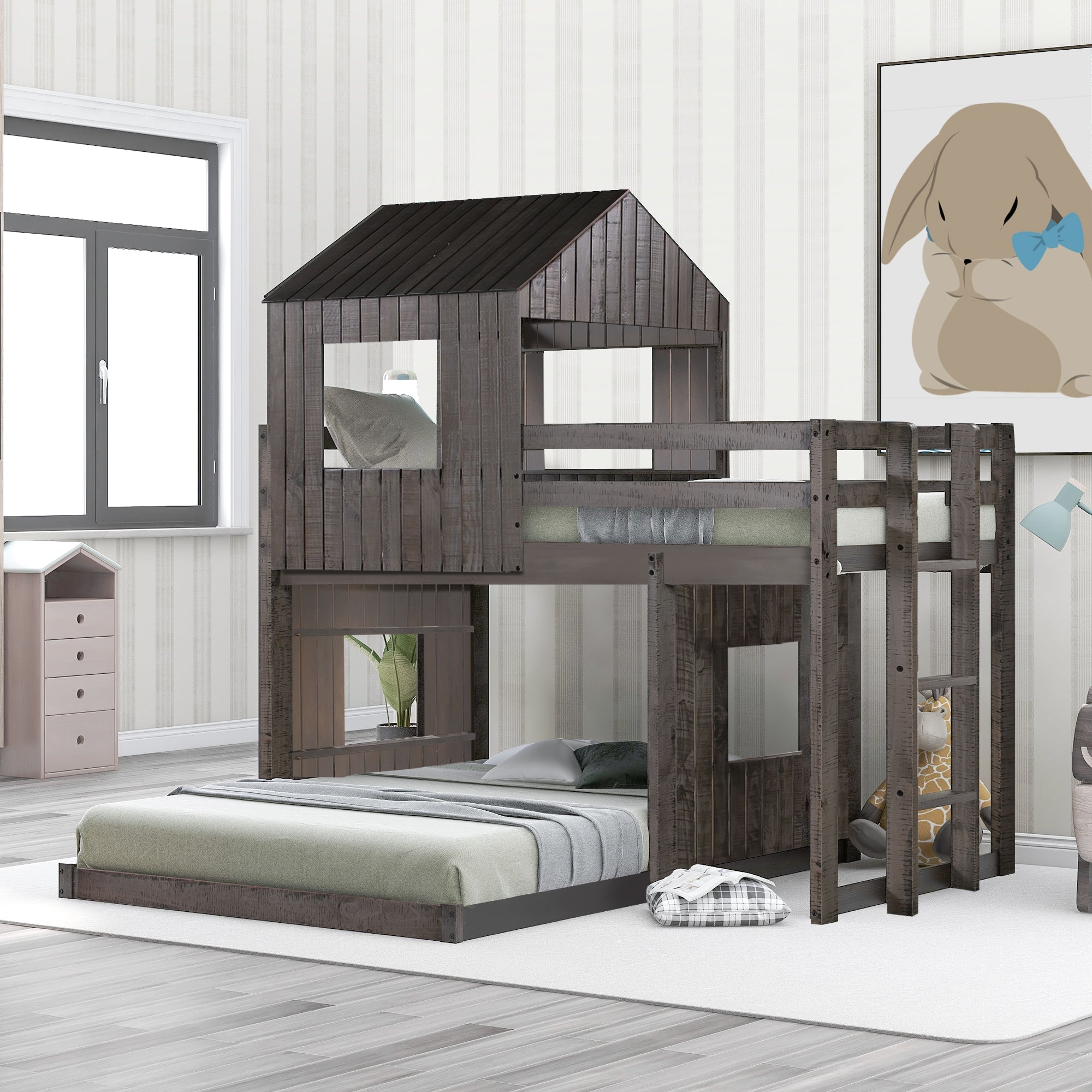 Wooden Twin Over Full Bunk Bed, Loft Bed with Playhouse, Farmhouse, Ladder and Guardrails, Antique Gray () image 1