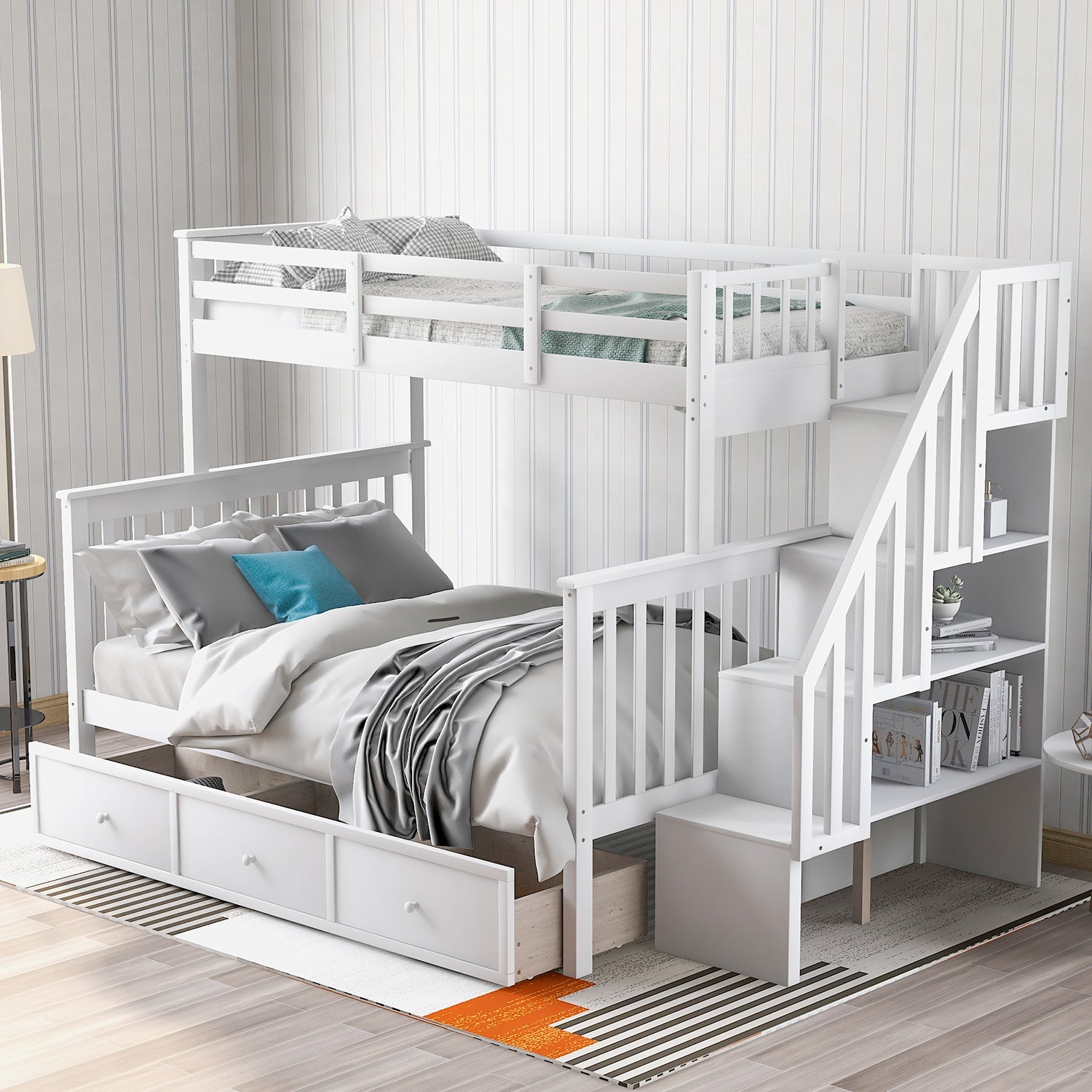 Stairway Twin-Over-Full Bunk Bed with Drawer, Storage and Guard Rail for Bedroom, Dorm, for Adults, White color image 1