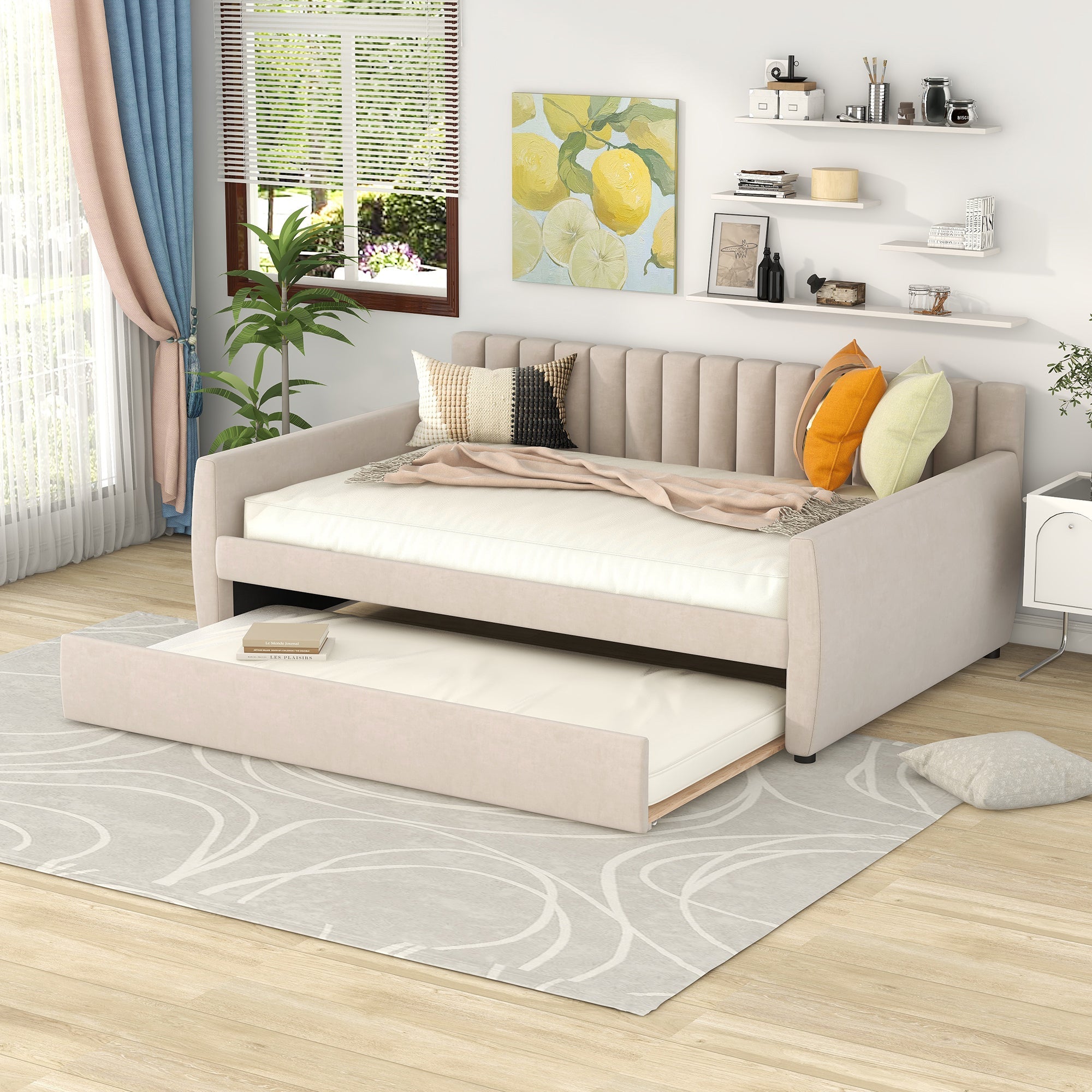 Full Size Upholstered daybed with Trundle and Wood Slat Support, Beige image 1