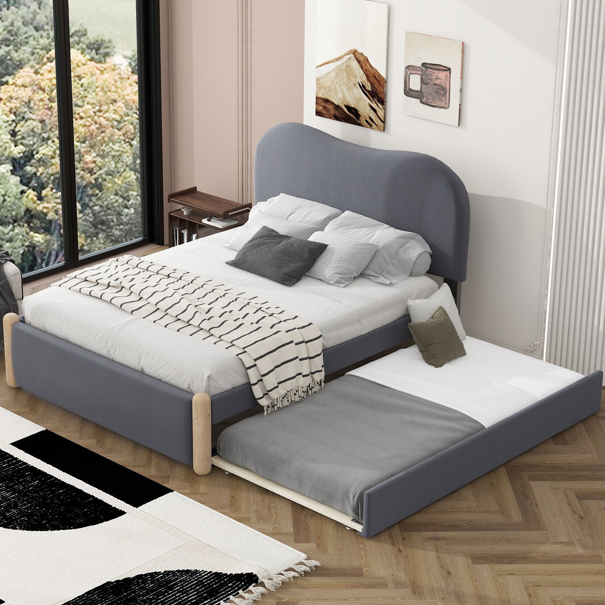 Full Size Upholstered Platform Bed with Wood Supporting Feet and Twin Size Trundle, Gray image 1