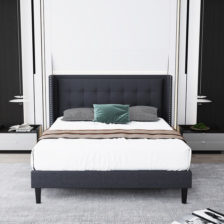 Molblly King Size Bed Frame with Upholstered Headboard, Strong Frame, and Wooden Slats Support, Non-Slip, and Noise-Free, No Box Spring Needed, Easy Assembly, Dark Grey image 1