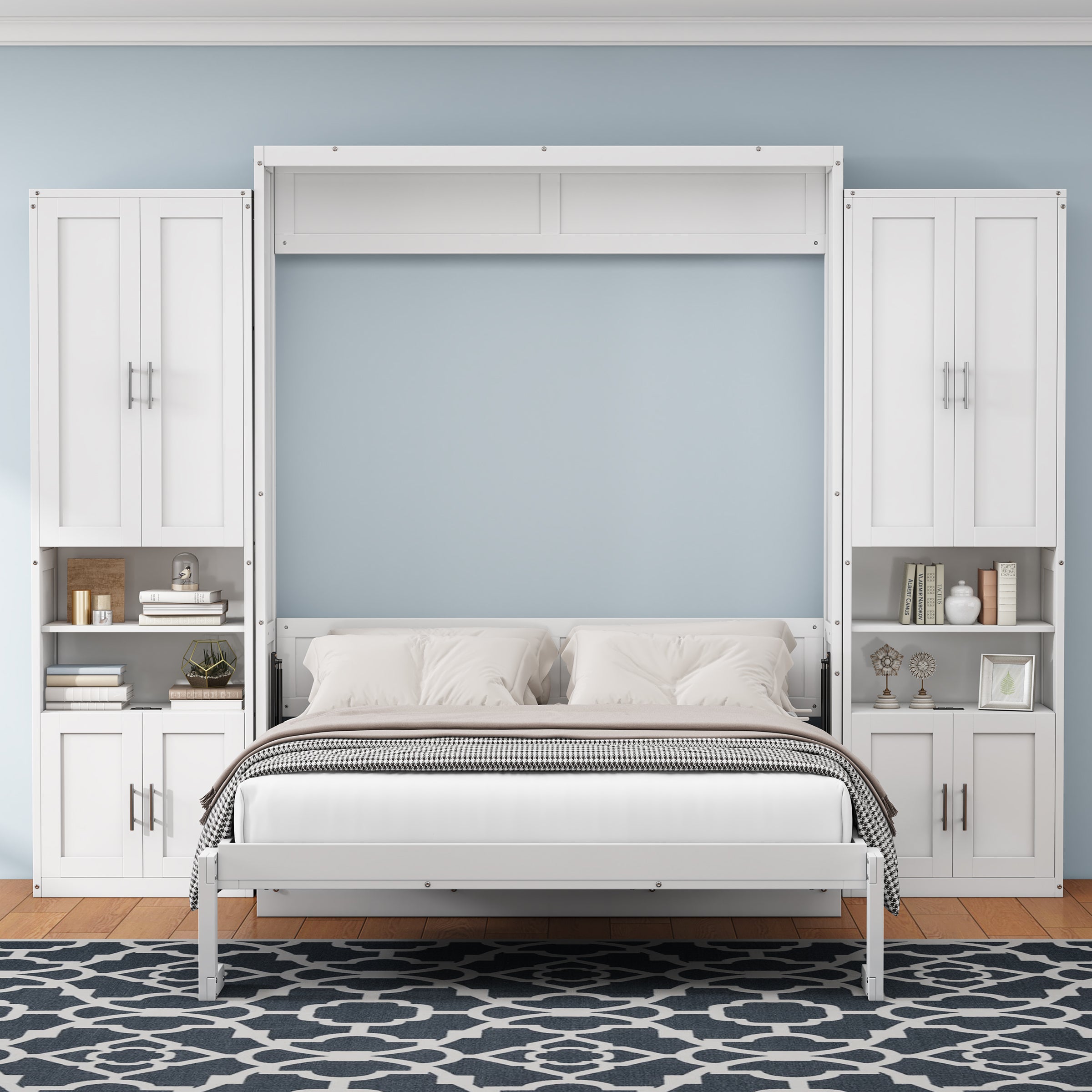 Full Size Murphy Bed with 2 Side Cabinet Storage Shelves, 61.5-inch Cabinet Bed Folding Wall Bed with Desk Combo Perfect for Guest Room, Study, Office,White image 1