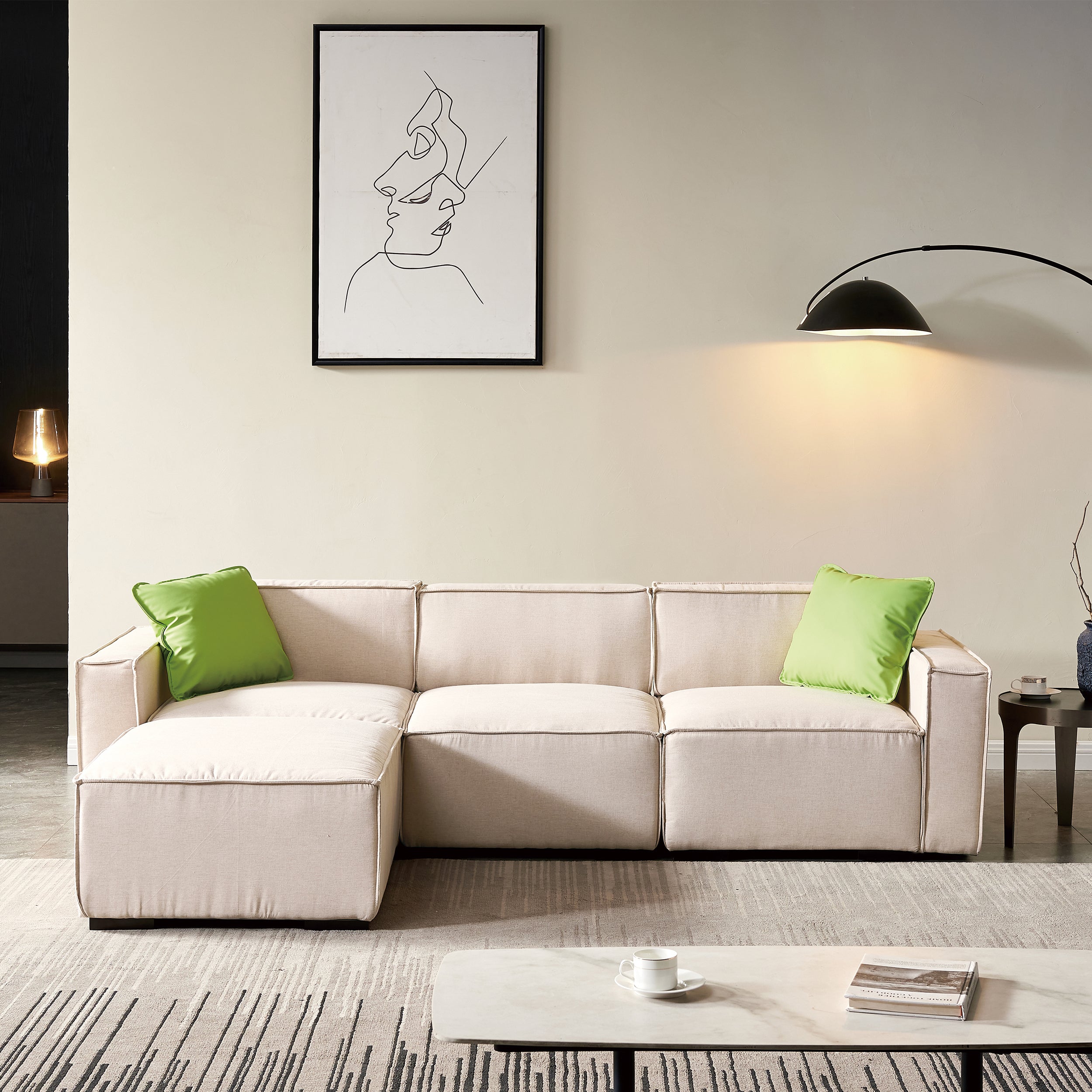 Modular Sofa L Shape with Convertible Ottoman Chaise (Beige) image 1