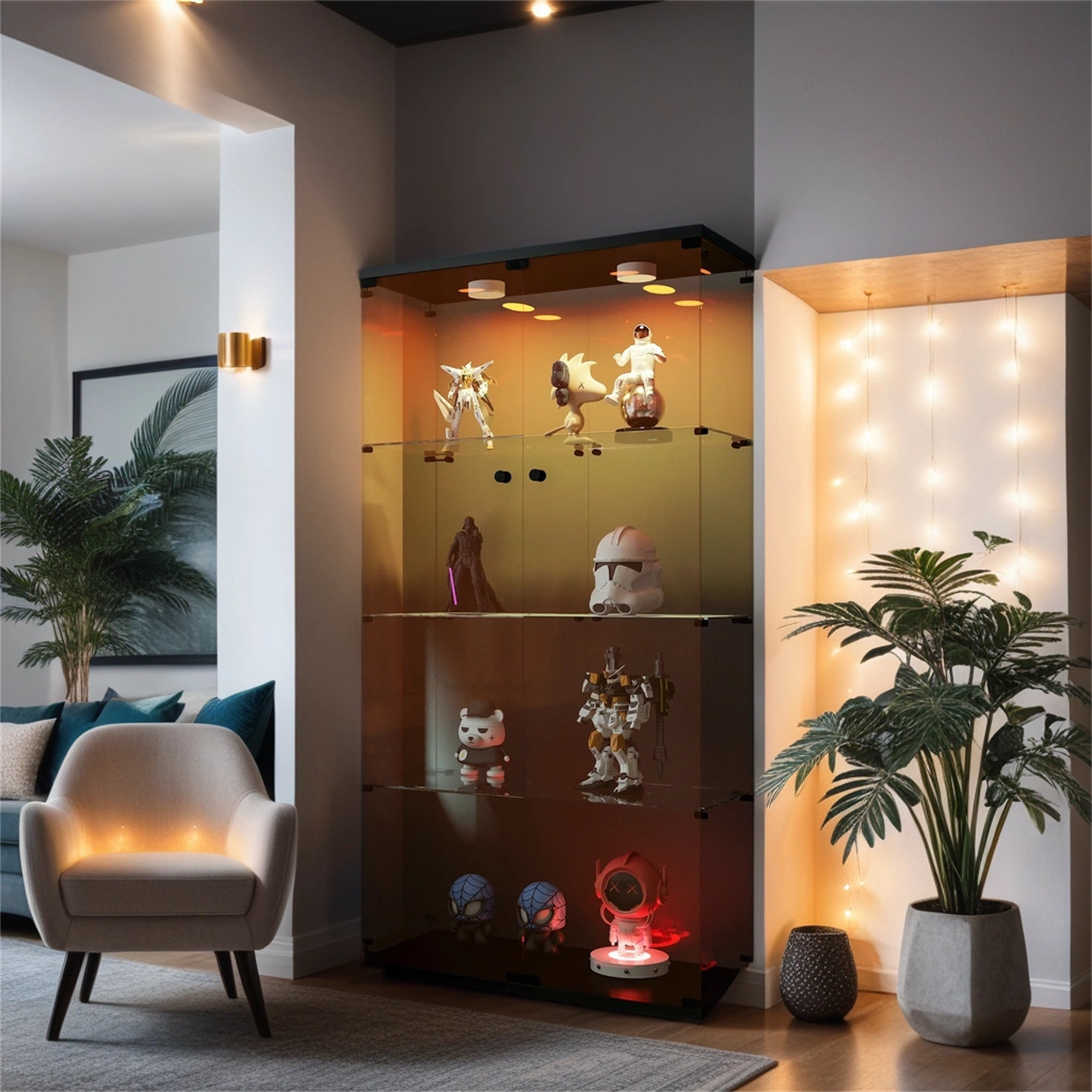 Lighted Two Door Glass Cabinet Glass Display Cabinet with 4 Shelves, Brown image 1