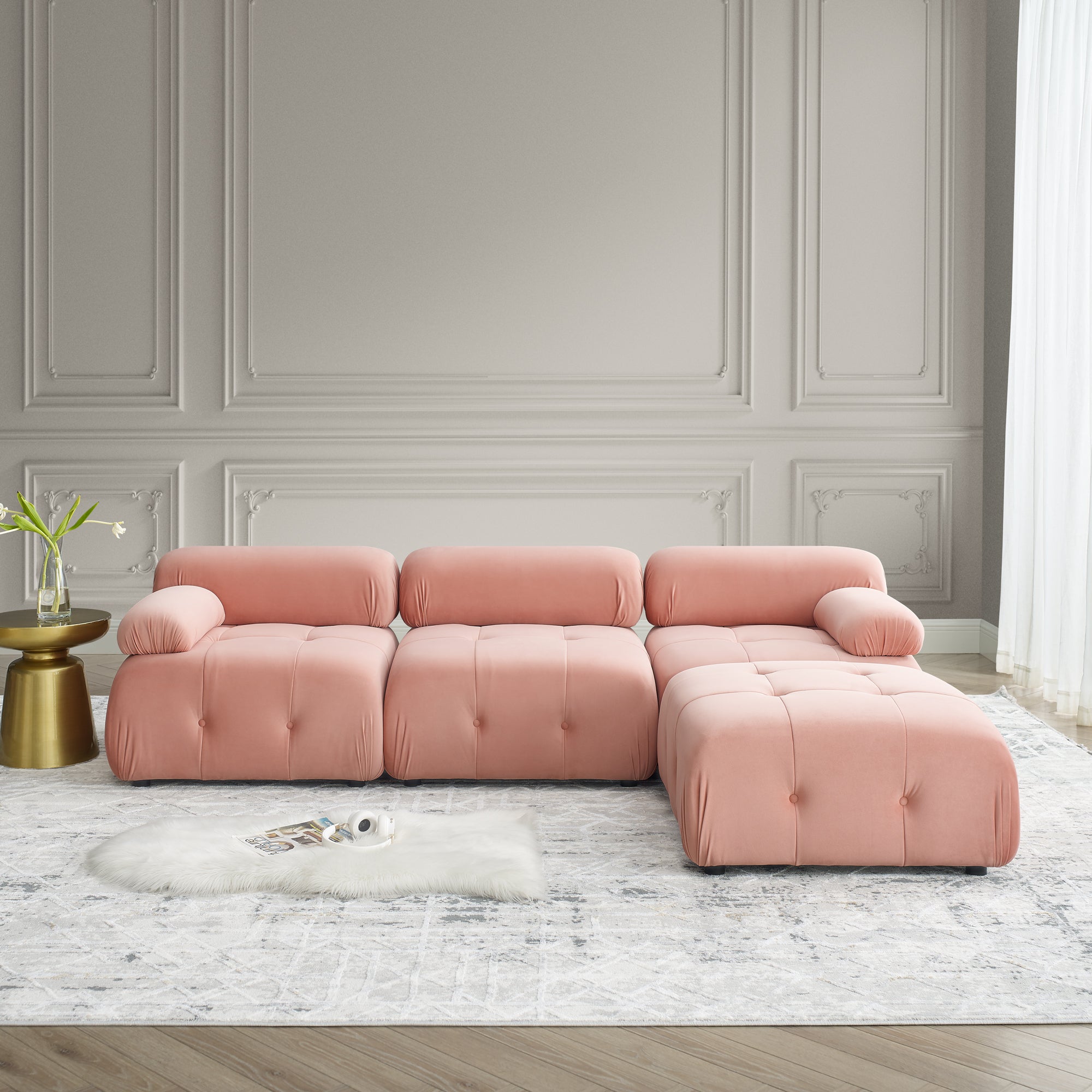 Modular Sectional Sofa, Button Tufted Designed and DIY Combination,L Shaped Couch with Reversible Ottoman, Pink Velvet image 1