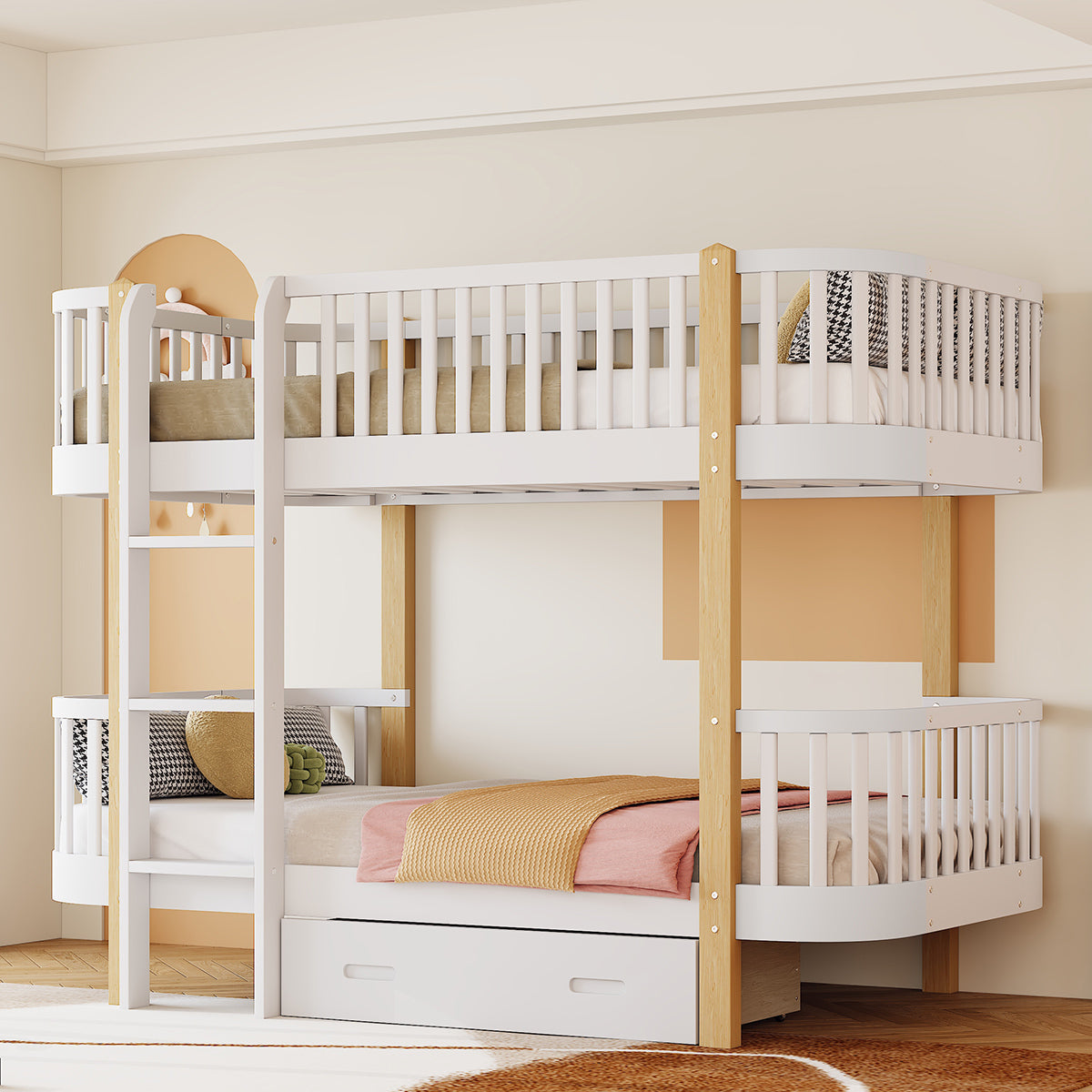 Wood Twin over Twin Bunk Bed with Fence Guardrail and a Big Drawer, White image 1
