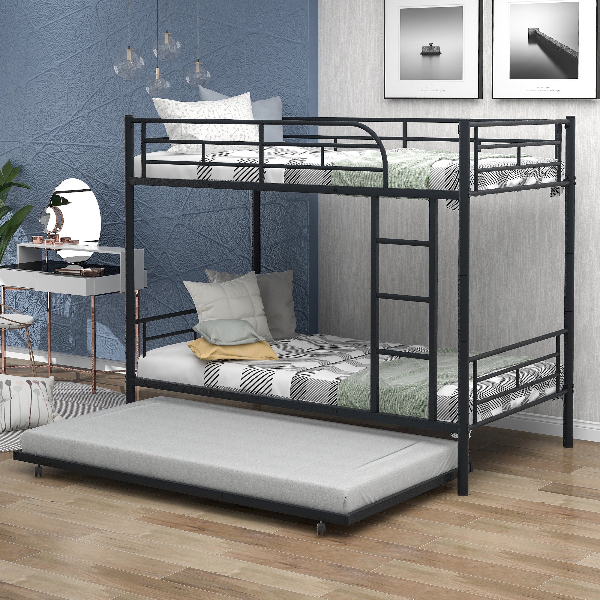 Twin-Over-Twin Metal Bunk Bed With Trundle, Can be Divided into two beds, No Box Spring needed, White image 1