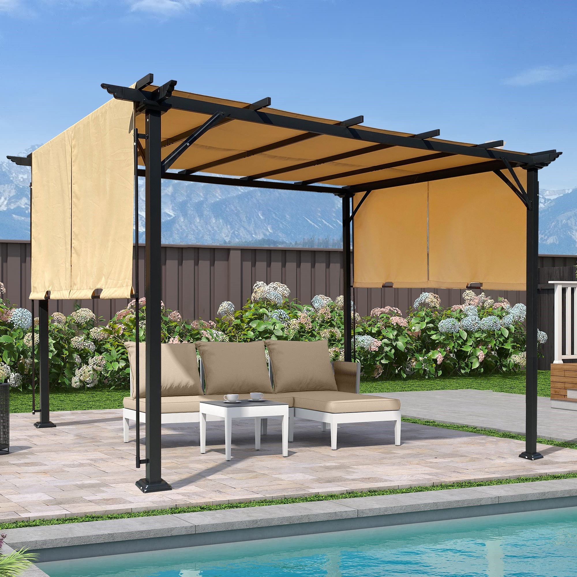 9.5 x 12 Ft Outdoor Pergola Patio Gazebo,Retractable Shade Canopy,Steel Frame Grape Gazebo,Sunshelter Pergola for Gardens,Terraces,Backyard-Khaki image 1