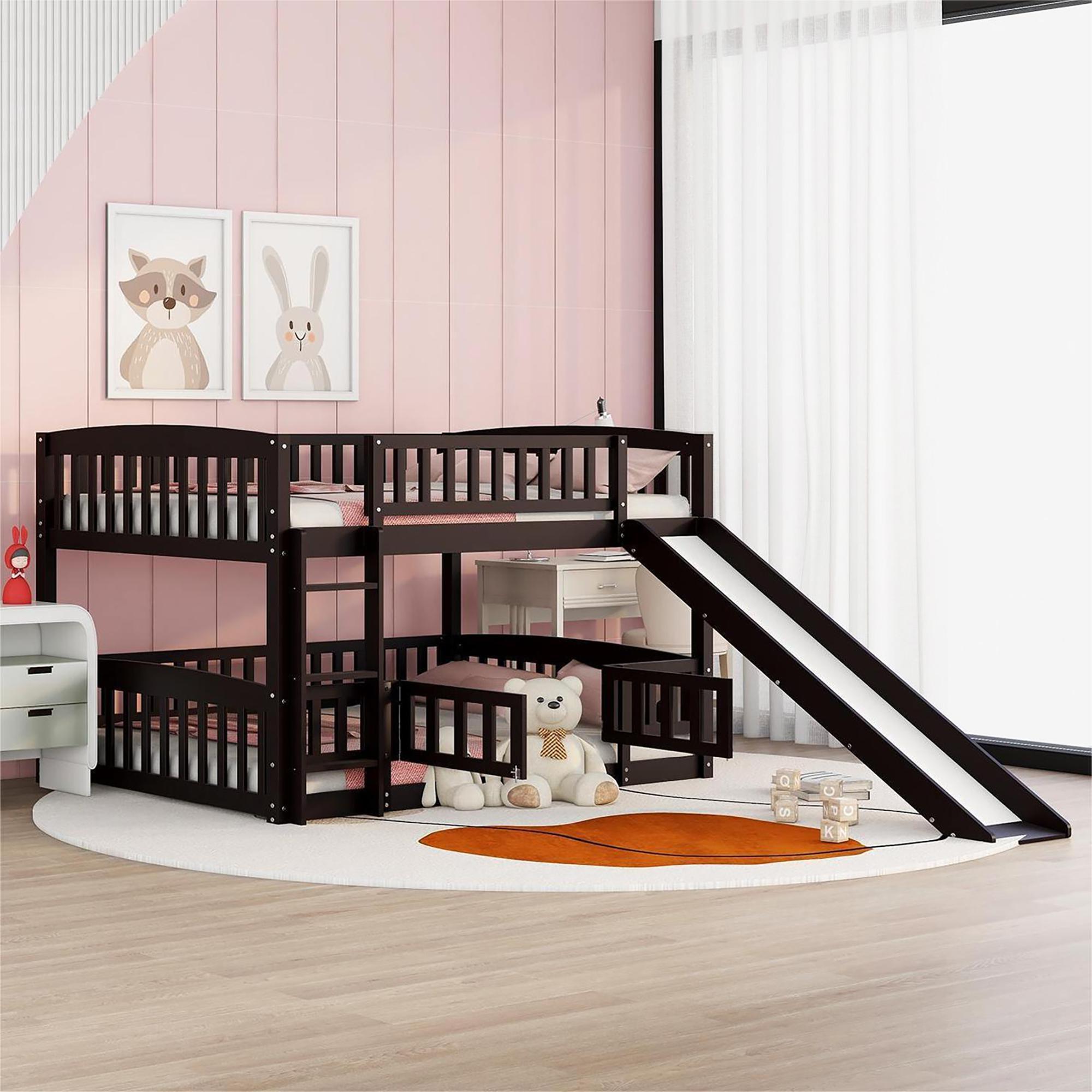 Bunk Bed with Slide,Full Over Full Low Bunk Bed with Fence and Ladder for Toddler Kids Teens Espresso image 1