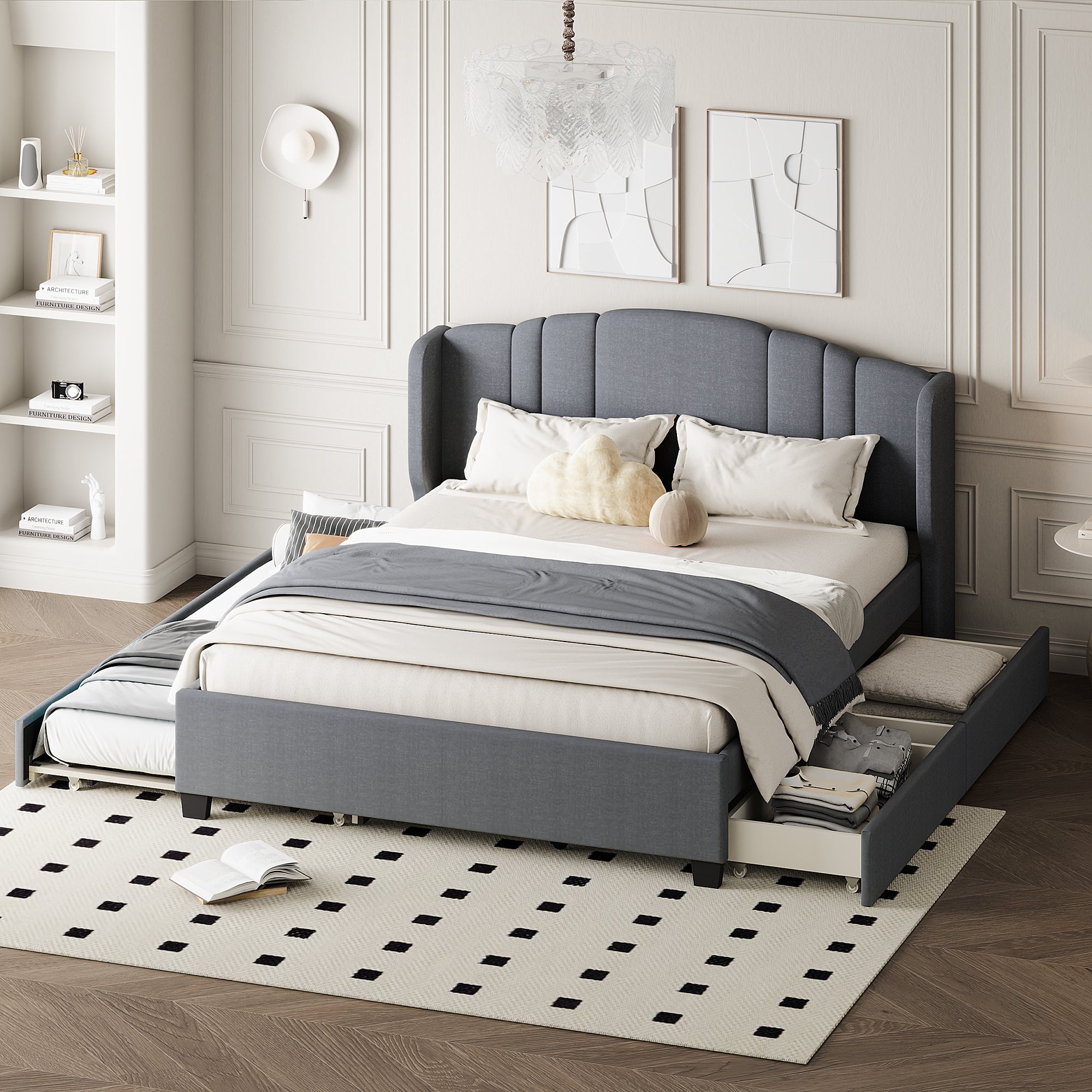 Upholstered Platform Bed with Wingback Headboard, One Twin Trundle and 2 Drawers, No Box Spring Needed, Linen Fabric, Queen Size Gray image 1