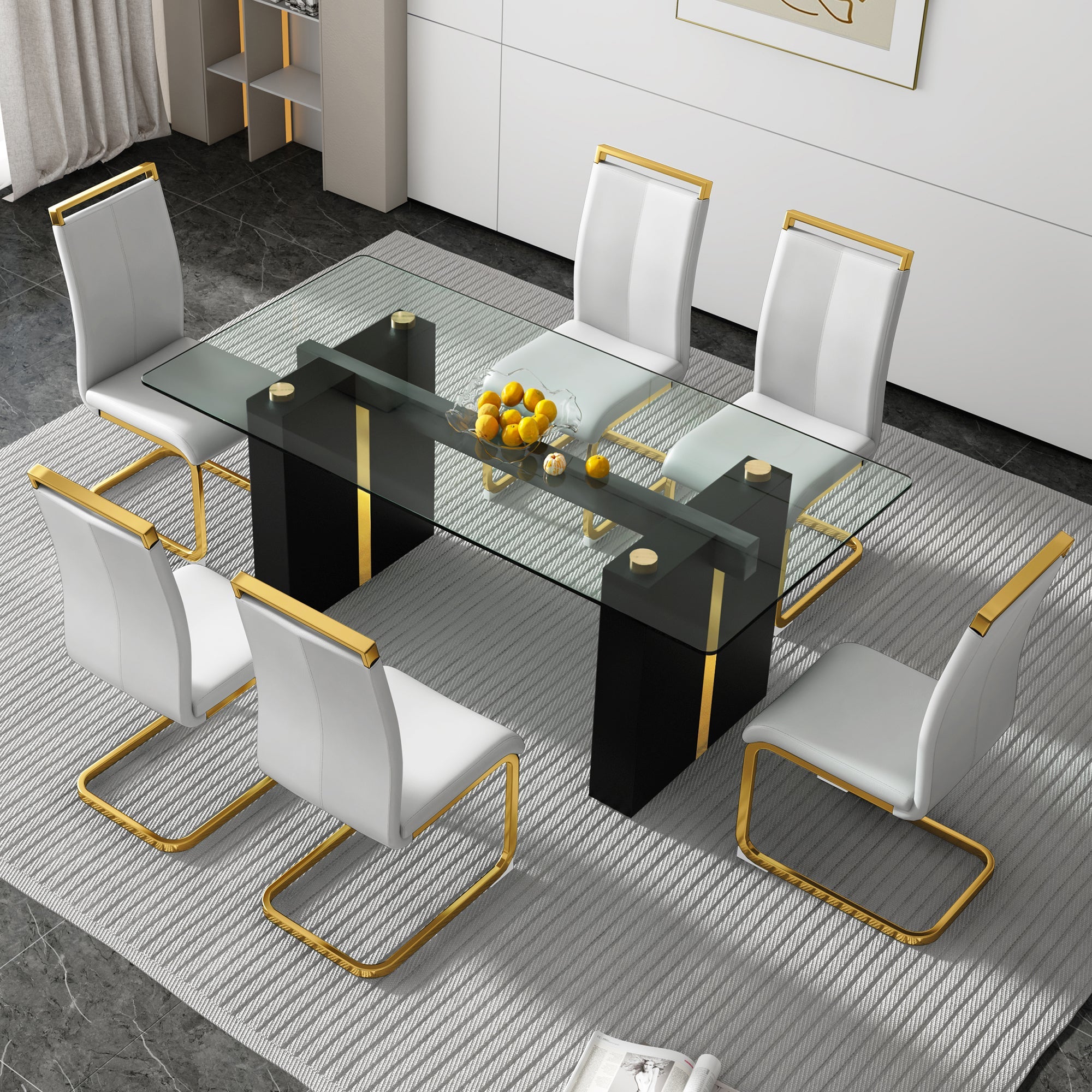Table and chair set, large modern minimalist rectangular glass table, can accommodate 6-8 people, equipped with tempered glass tabletop and large MDF table legs, comfortable and minimalist chairs. image 1
