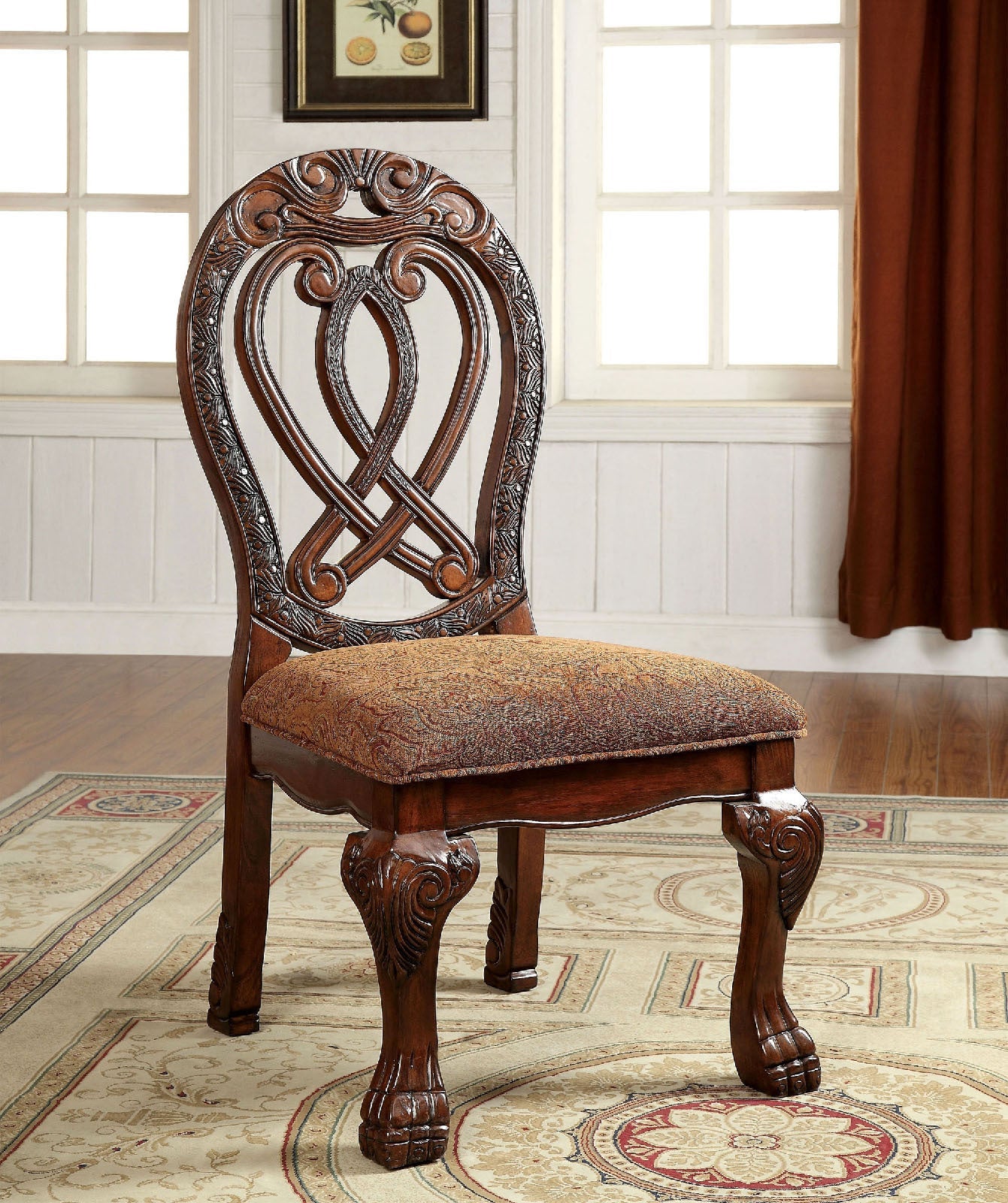 Formal Majestic Traditional Dining Chairs Cherry Solid wood Fabric Seat Intricate Carved Details Set of 2 Side Chairs image 1