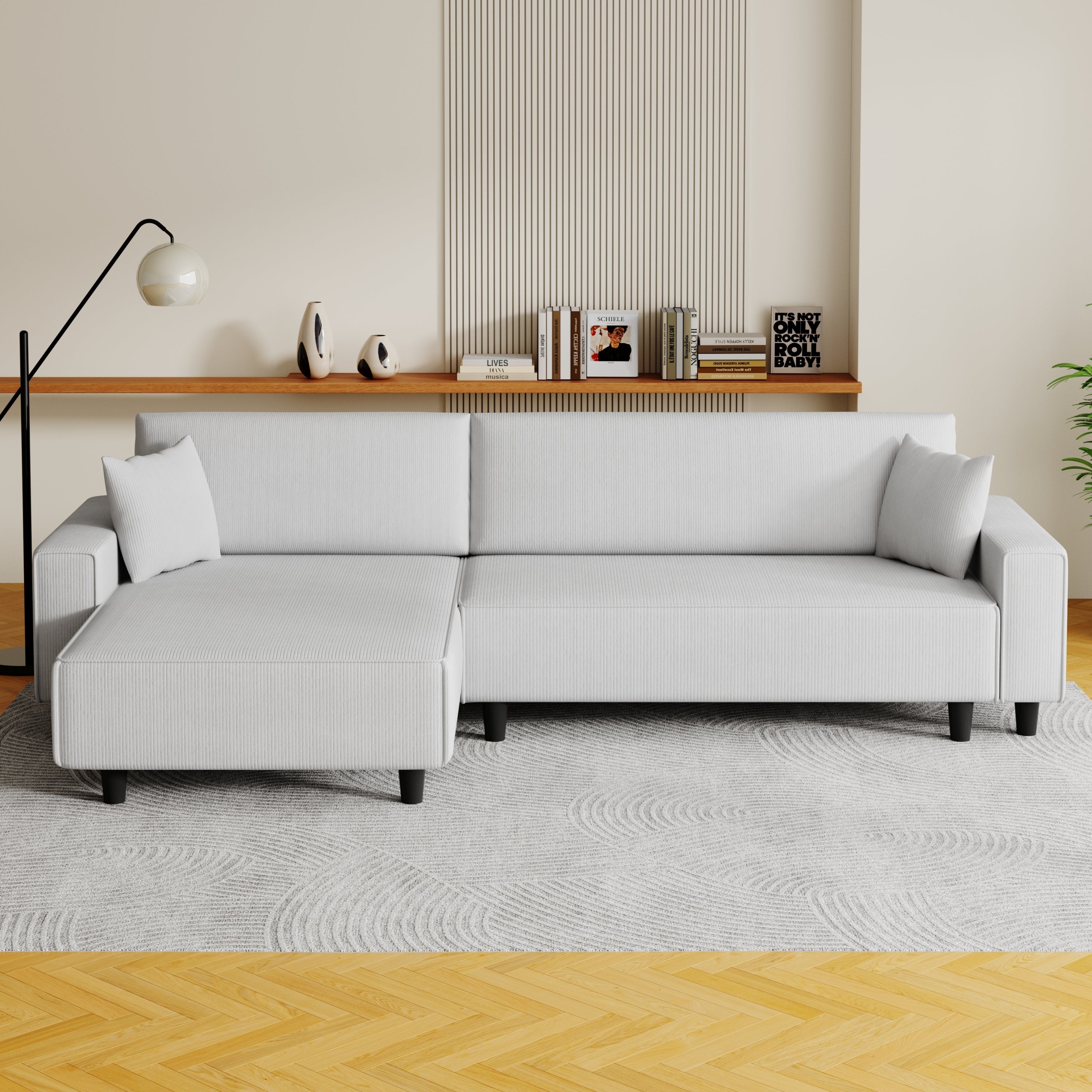 The 93-inch grey corduroy sofa bed comes with two pillows to fit in the living room and the apartment is not overcrowded image 1