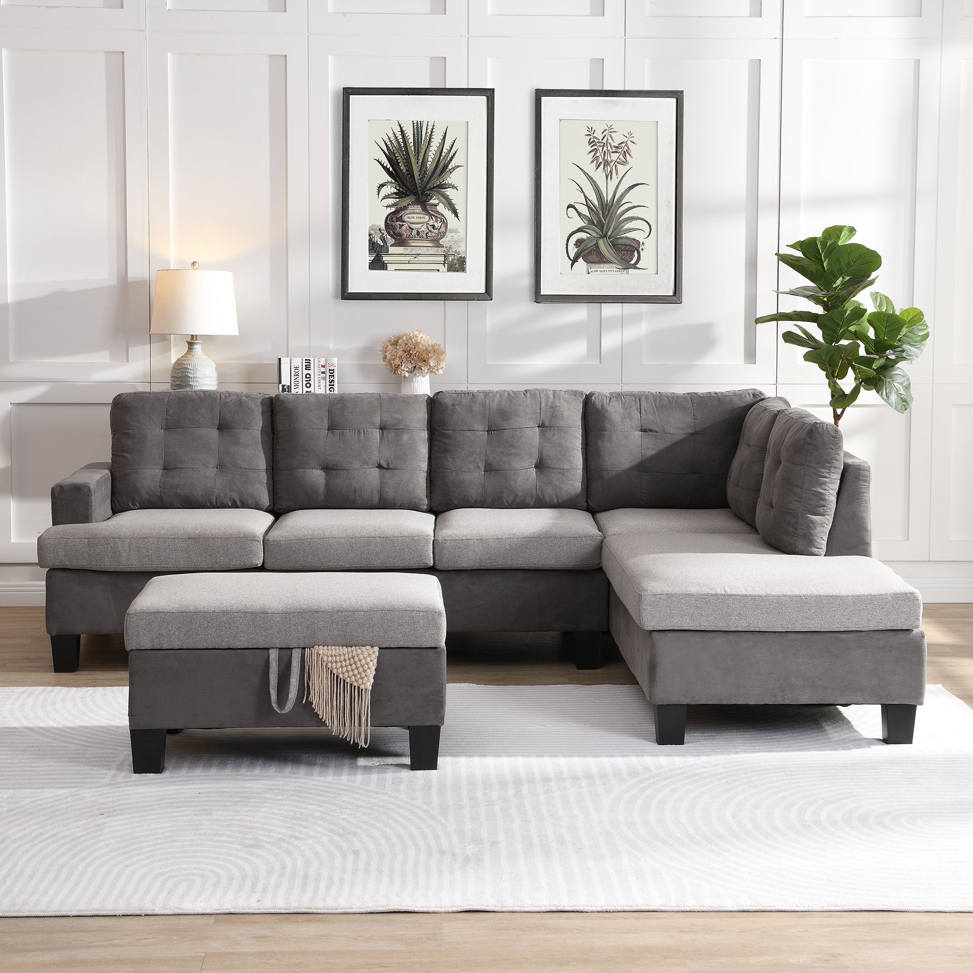Sofa Set for Living Room with Chaise Lounge and Storage Ottoman Living Room Furniture Gray image 1