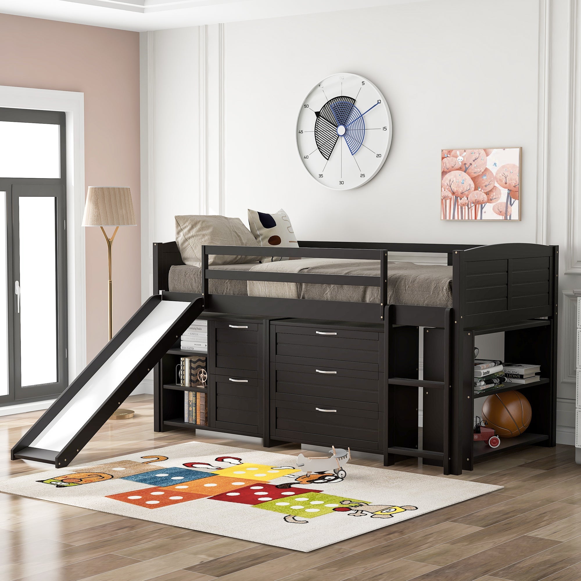 Low Twin Size Loft Bed with Cabinets, Shelves and Slide - Espresso image 1