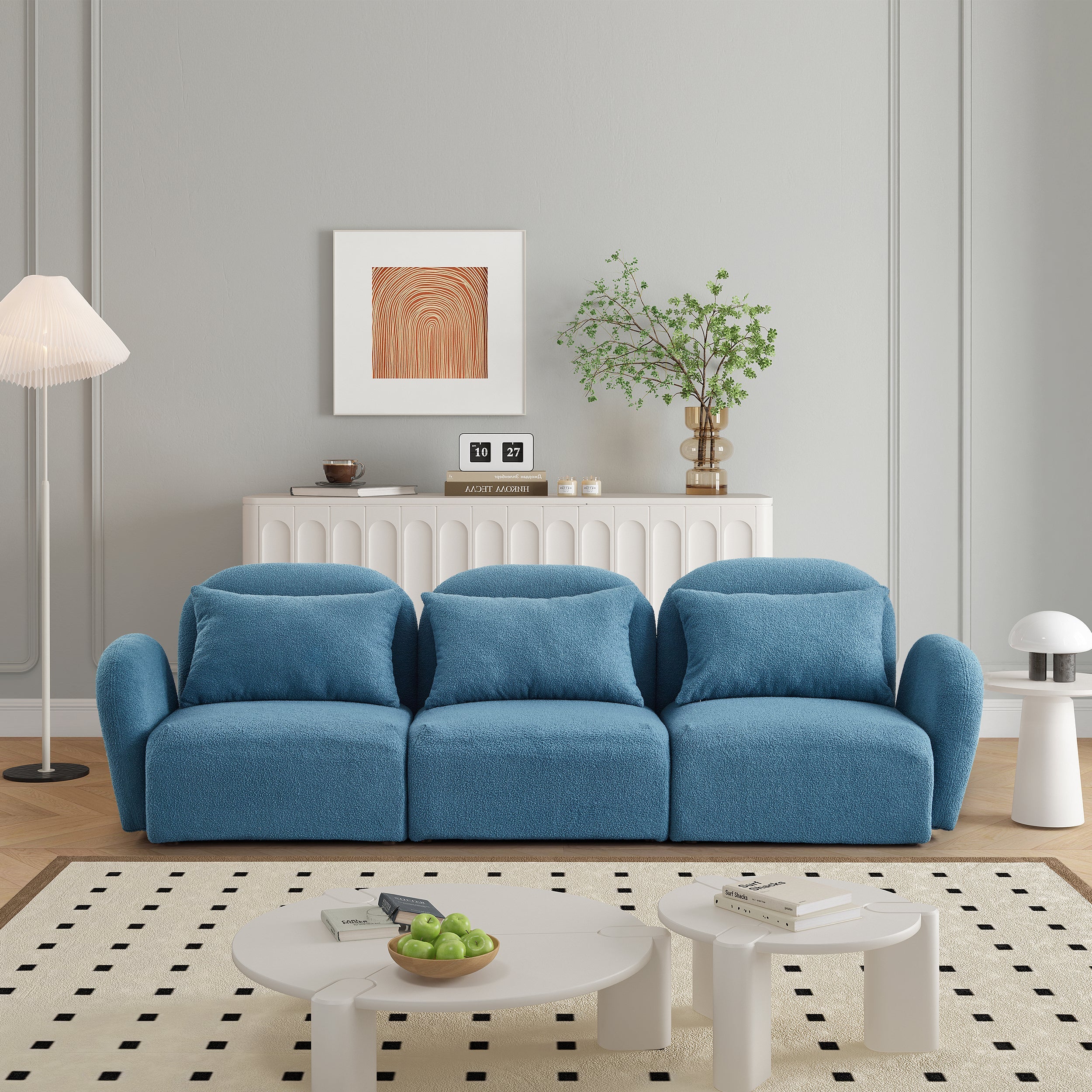 Living Room Furniture Three Seat Lazy Sofa Teddy Fabric Blue image 1