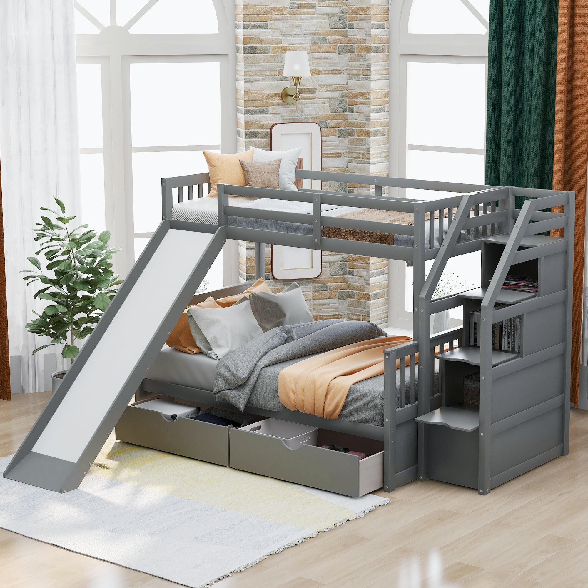 Twin over Full Bunk Bed with Drawers, Storage and Slide, Multifunction, Gray image 1