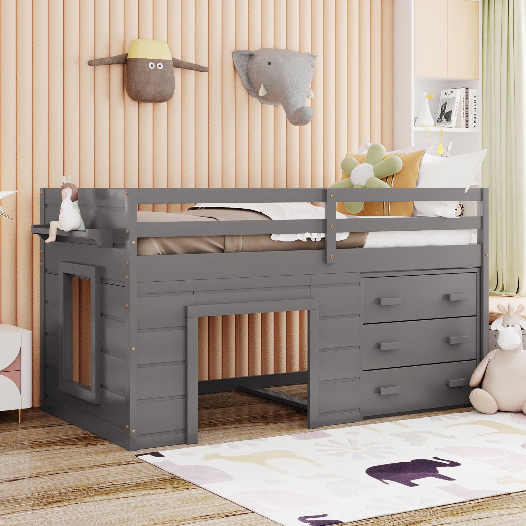 Twin Size Loft Bed with Cabinet and Shelf - Gray image 1