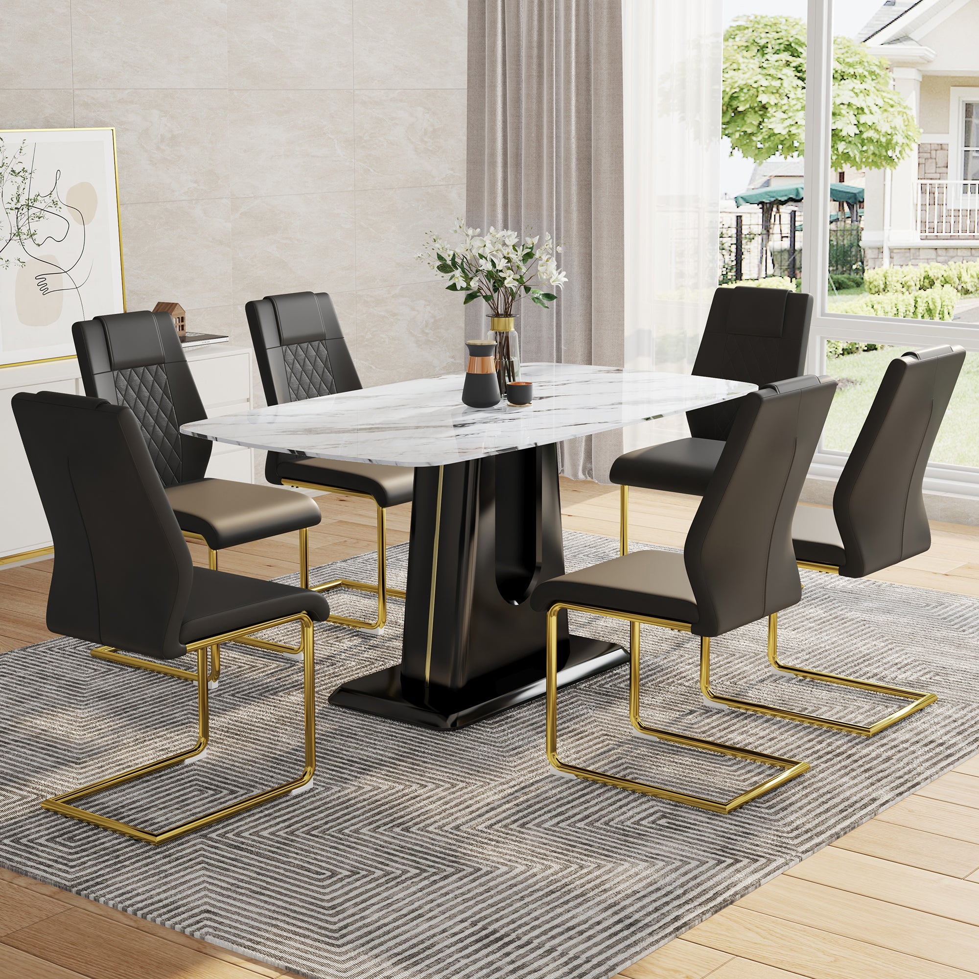 Table and chair set, modern and minimalist dining table, imitation marble patterned tabletop, MDF legs with U-shaped brackets. Paired with comfortable chairs, suitable for dining and living rooms. image 1