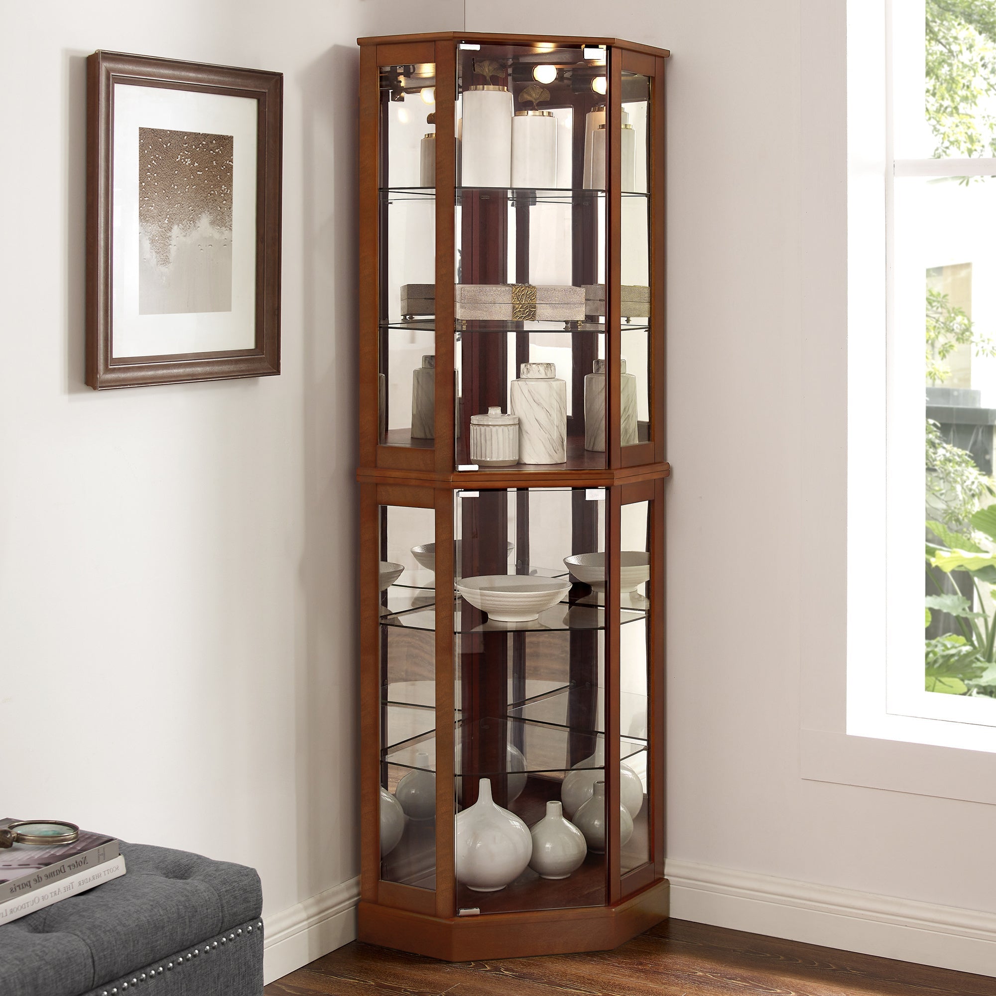 6 Shelf Corner Curio Display Cabinet with Lights, Mirrors and Adjustable Shelves, Walnut image 1