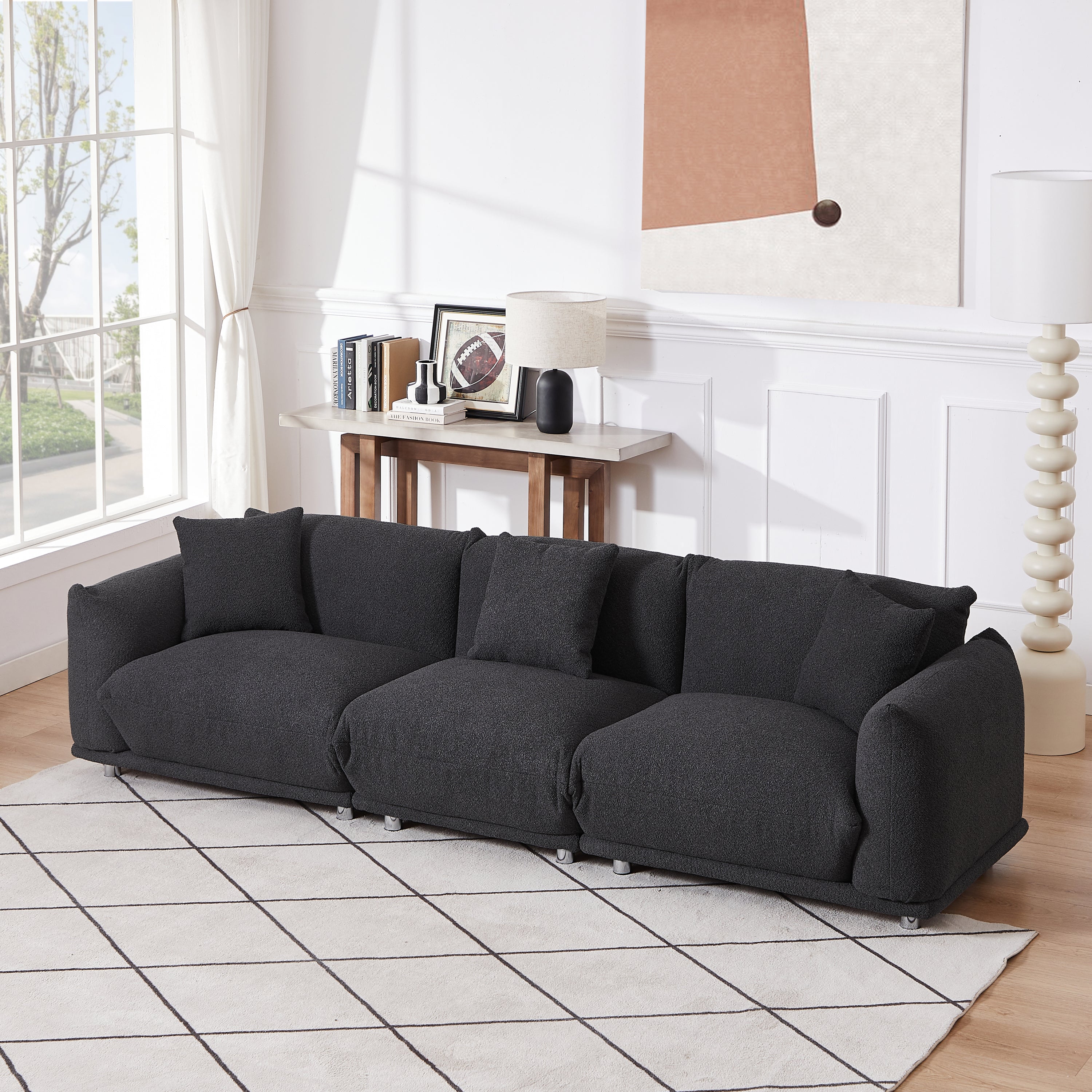 Originality Shapes Black Lambswool Sherpa 4 Seater Sofa With Metal Legs, Solid Wood Frame Couch with 3 Pillows, Linear and Modular Version Design, Possibility Combined Armchair Current Style image 1