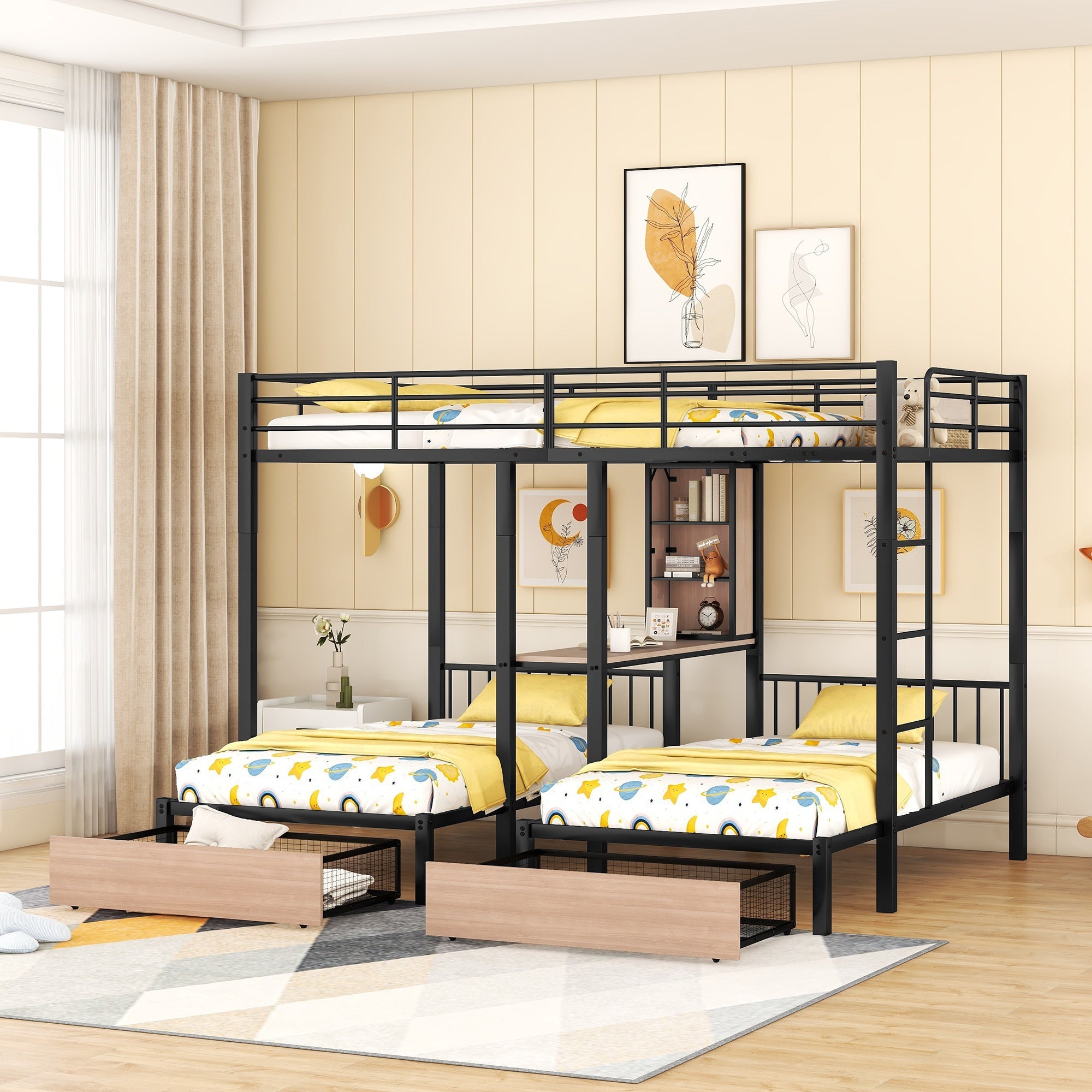 Full Over Twin & Twin Triple Bunk Bed with Drawers, Multi-functional Metal Frame Bed with desks and shelves in the middle, Black image 1