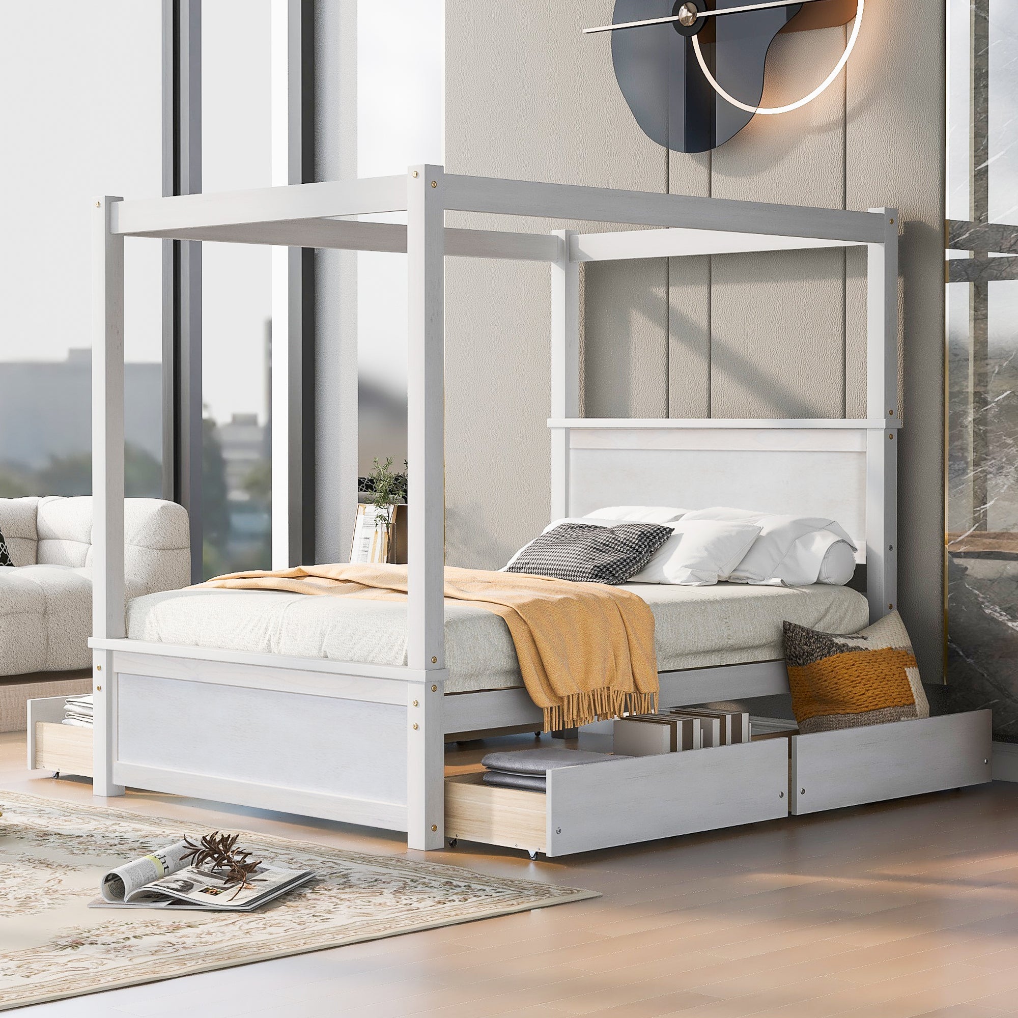 Wood Canopy Bed with four Drawers, Full Size Canopy Platform Bed With Support Slats .No Box Spring Needed, Brushed White image 1
