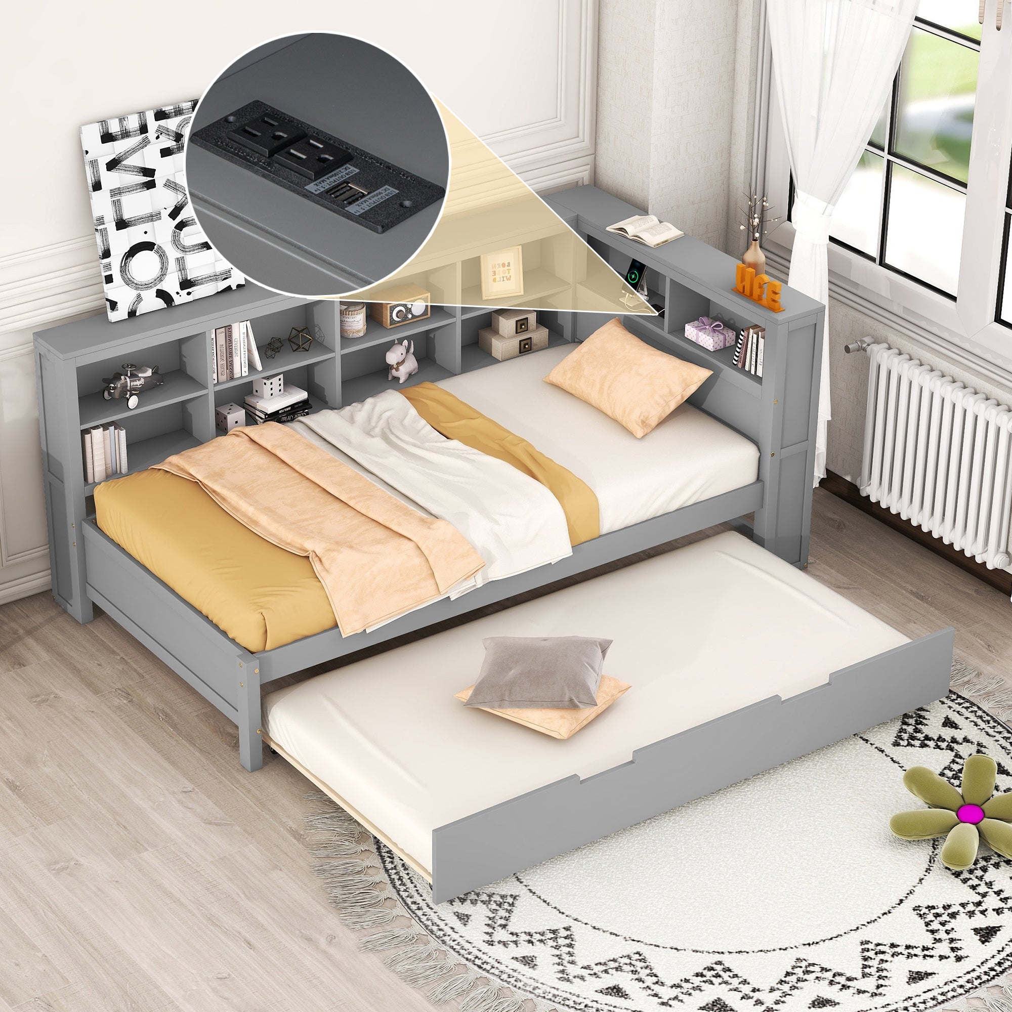 Wooden Twin Size DayBed with Twin Size Trundle, DayBed with Storage Shelf and USB Charging Ports,Grey image 1