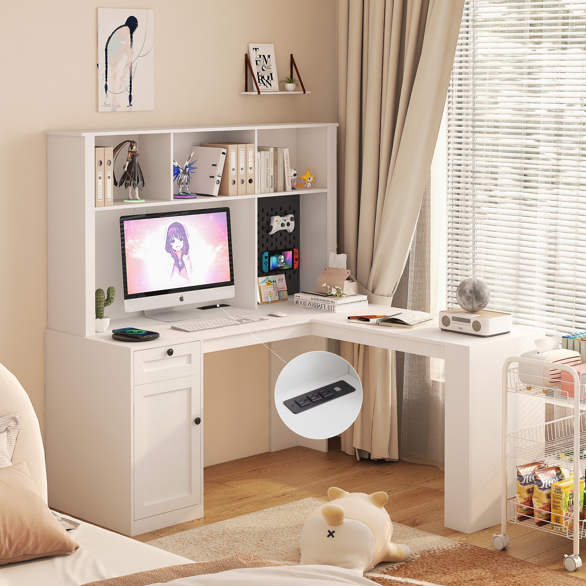 L Shaped Desk with outlet, Computer Desk with Drawers, Bookshelf & Hutch, Modern Corner Desk, Home Office Desk,L-Shaped Study Table Writing Desk,Corner Gaming Computer Desk with Storage image 1