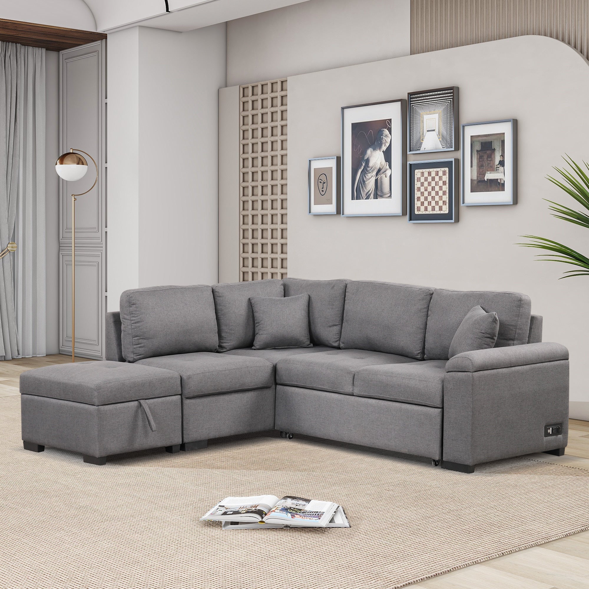 Sleeper Sectional Sofa, L-Shape Corner Couch Sofa-Bed with Storage Ottoman & Hidden Arm Storage & USB Charge for Living Room Apartment, Dark Gray image 1