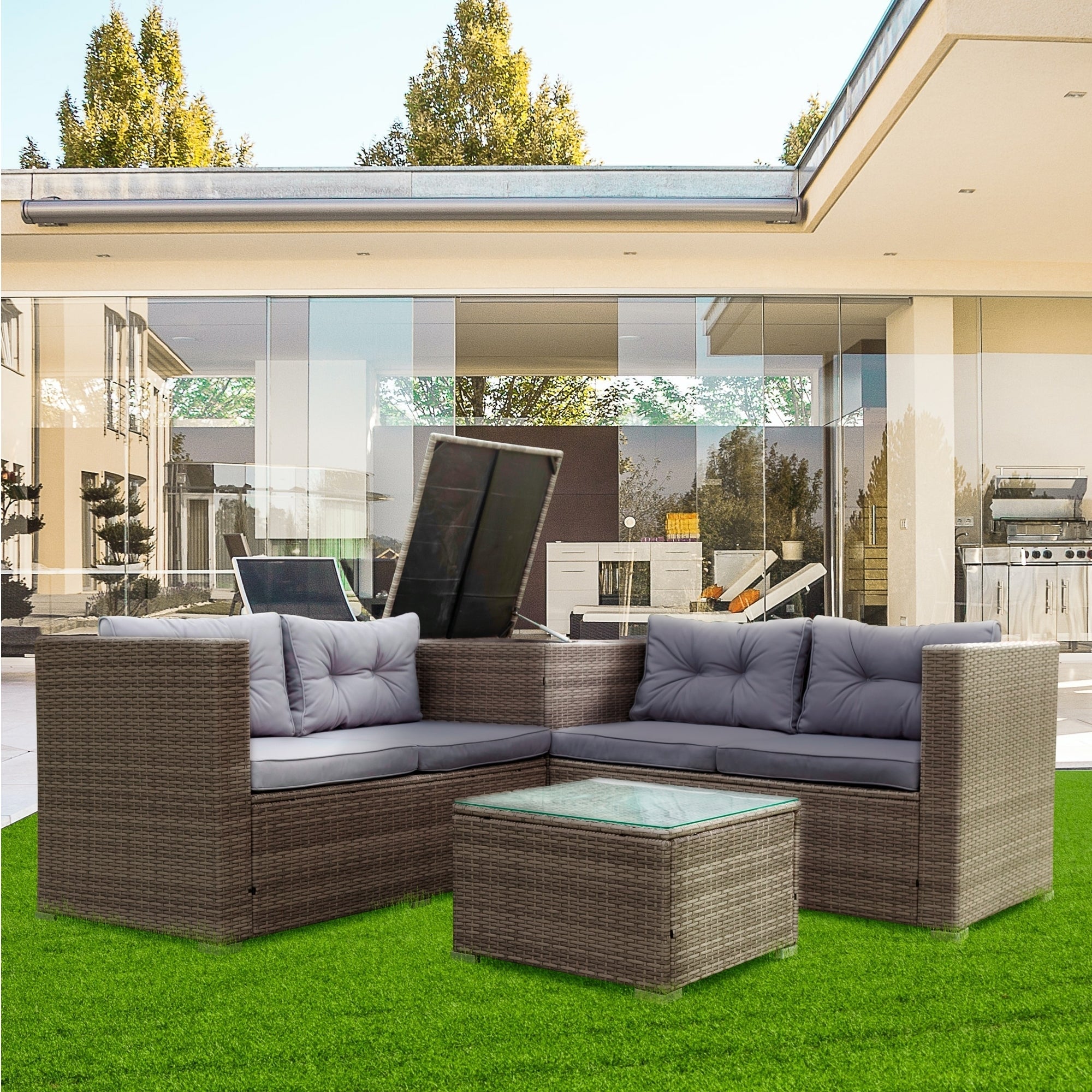 4 Piece Patio Sectional Wicker Rattan Outdoor Furniture Sofa Set with Storage Box Grey image 1