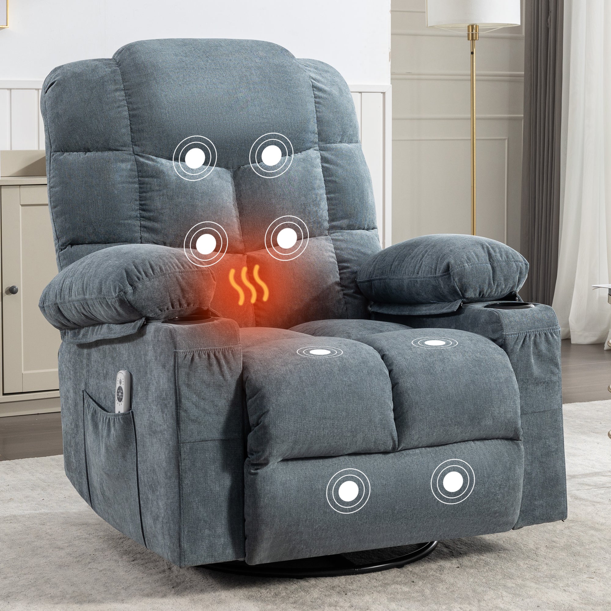 Massage Rocker Recliner Chair Rocking Chairs for Adults Oversized with 2 Cup Holders, USB Charge Port Soft Features a Manual Massage and Heat.A+B BLUE image 1