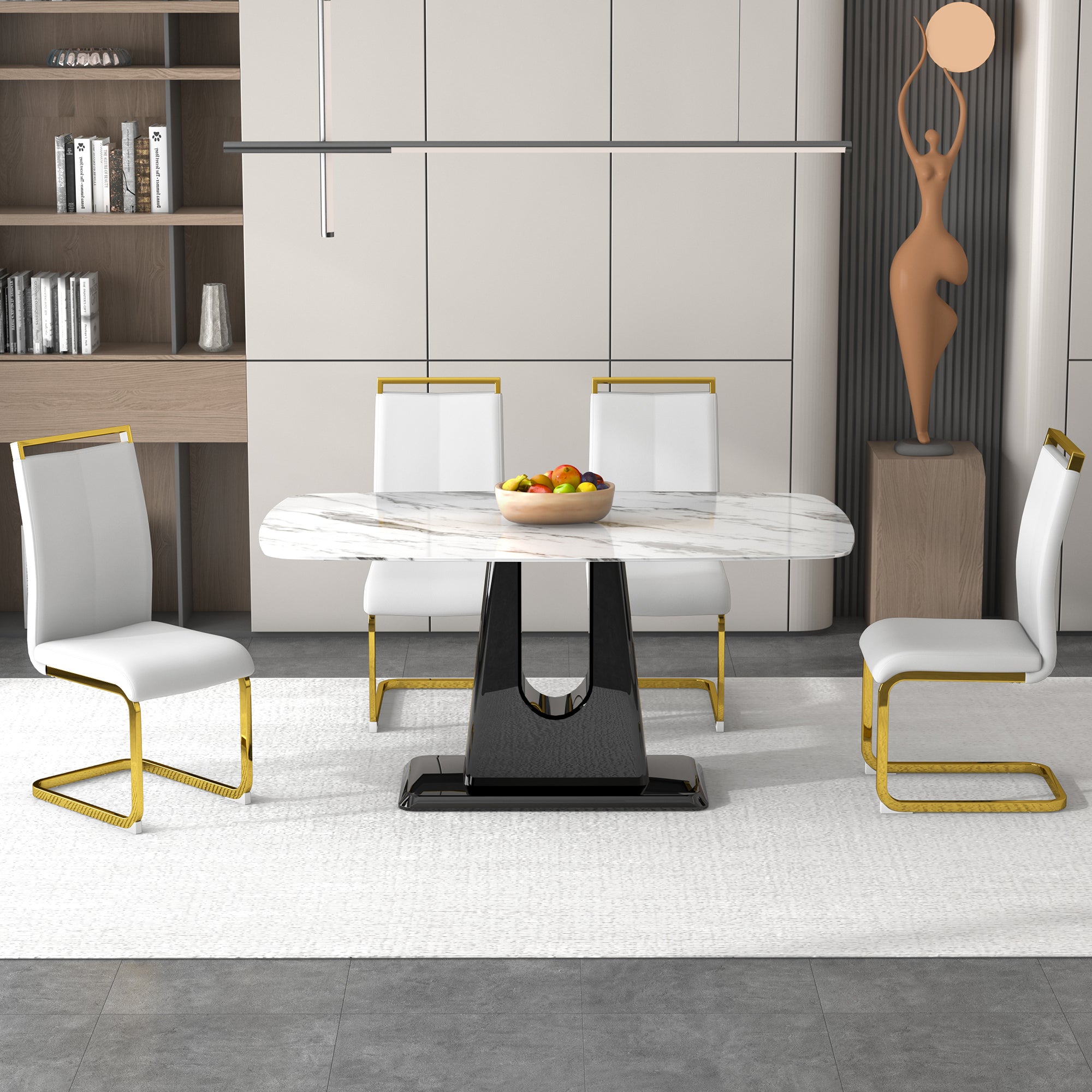 1 table and 4 chairs. Modern, simple and luxurious white imitation marble rectangular dining table and desk with 4 white PU gold plated leg chairs 63