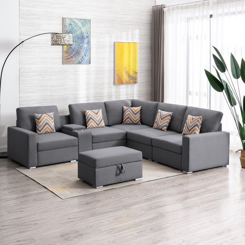 Nolan Gray Linen Fabric 7Pc Reversible Sectional Sofa with Interchangeable Legs, Pillows, Storage Ottoman, and a USB, Charging Ports, Cupholders, Storage Console Table image 1