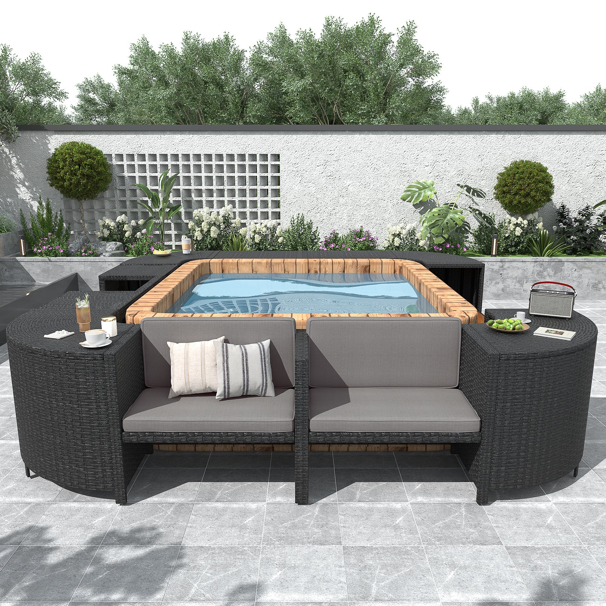 Spa Surround Spa Frame Quadrilateral Outdoor Rattan Sectional Sofa Set with Mini Sofa, Wooden Seats and Storage Spaces, Grey image 1